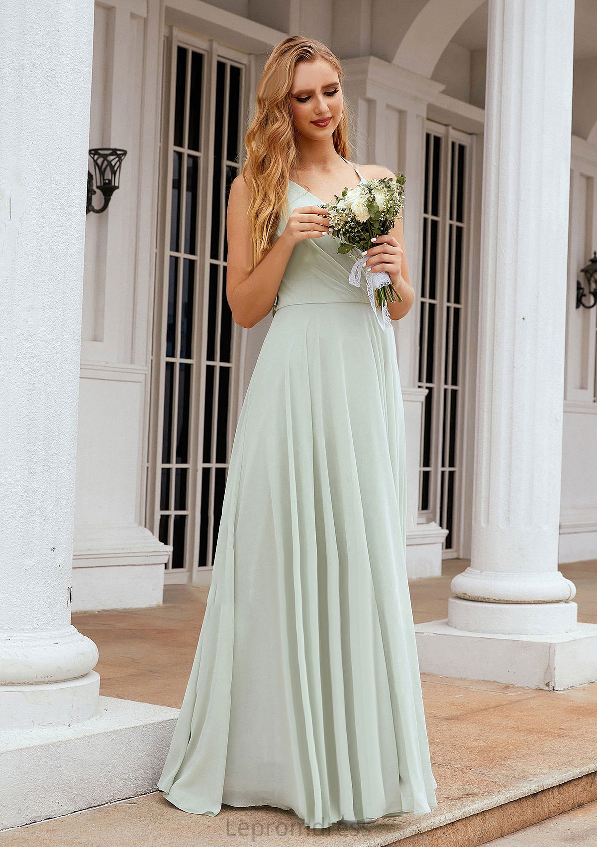 A-line Halter Sleeveless Chiffon Long/Floor-Length Bridesmaid Dresses With Pleated Ruffles Eloise HAP0025623