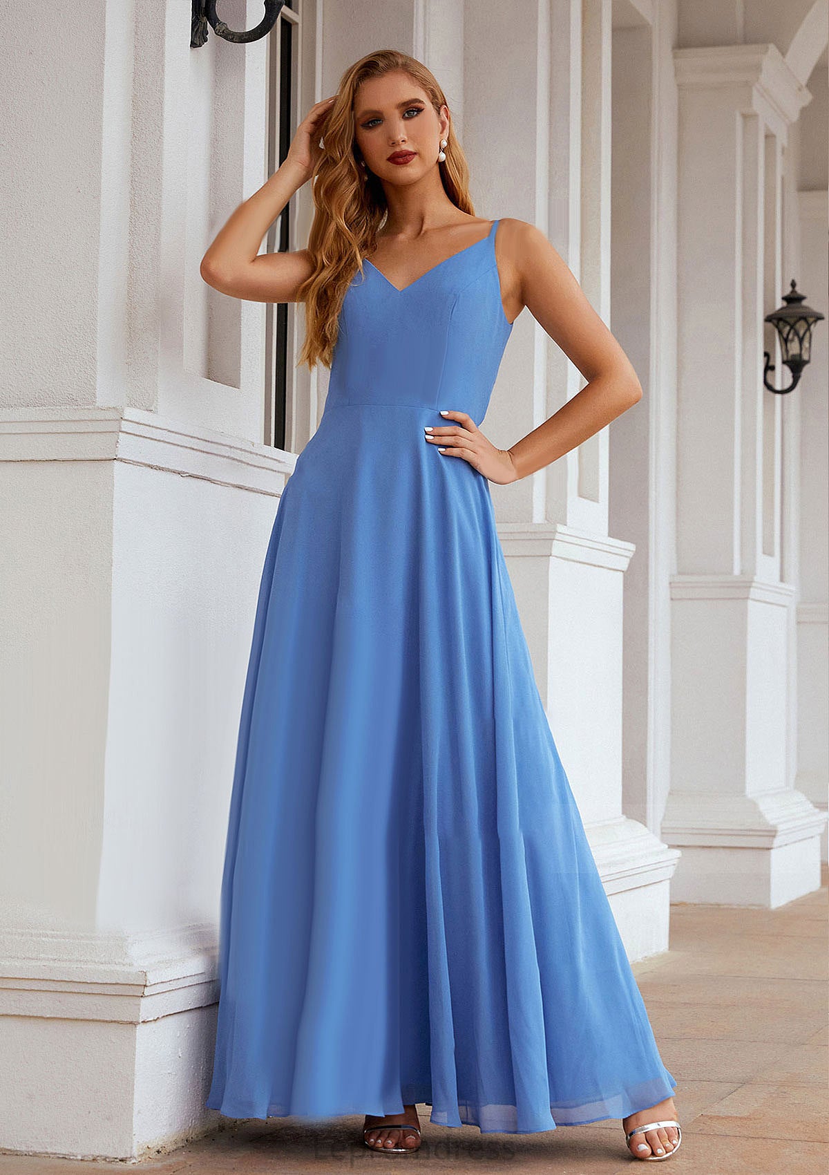 A-line Empire V Neck Long/Floor-Length Chiffon Bridesmaid Dresses With Pleated Hortensia HAP0025624