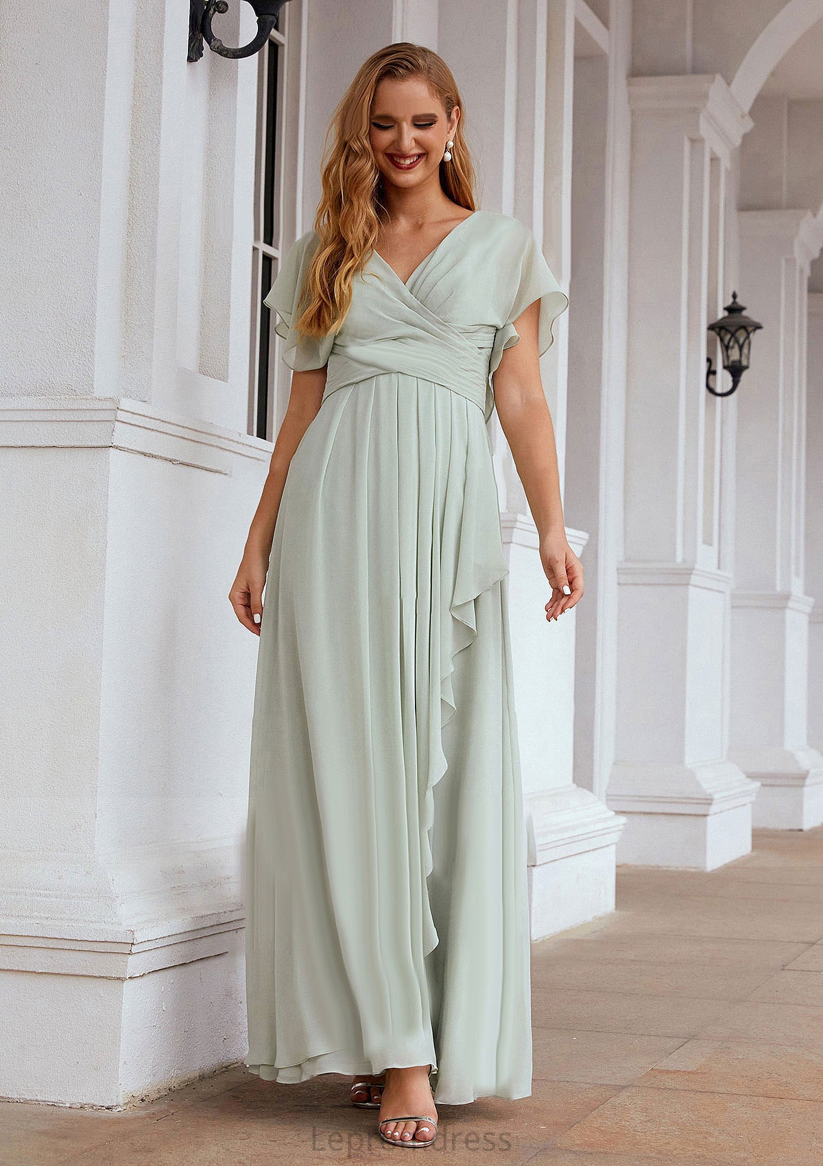 A-line V Neck Short Sleeve Chiffon Long/Floor-Length Bridesmaid Dresses With Pleated Ruffles Marcia HAP0025626