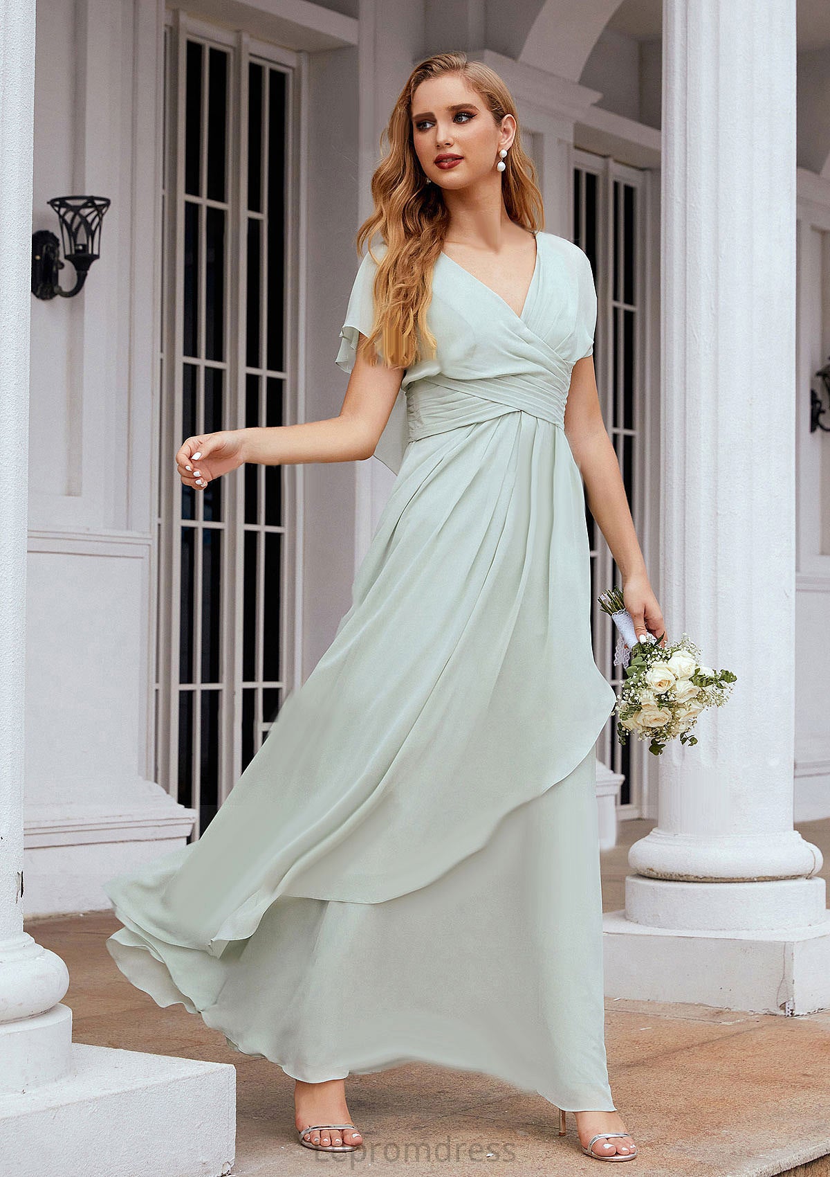 A-line V Neck Short Sleeve Chiffon Long/Floor-Length Bridesmaid Dresses With Pleated Ruffles Marcia HAP0025626