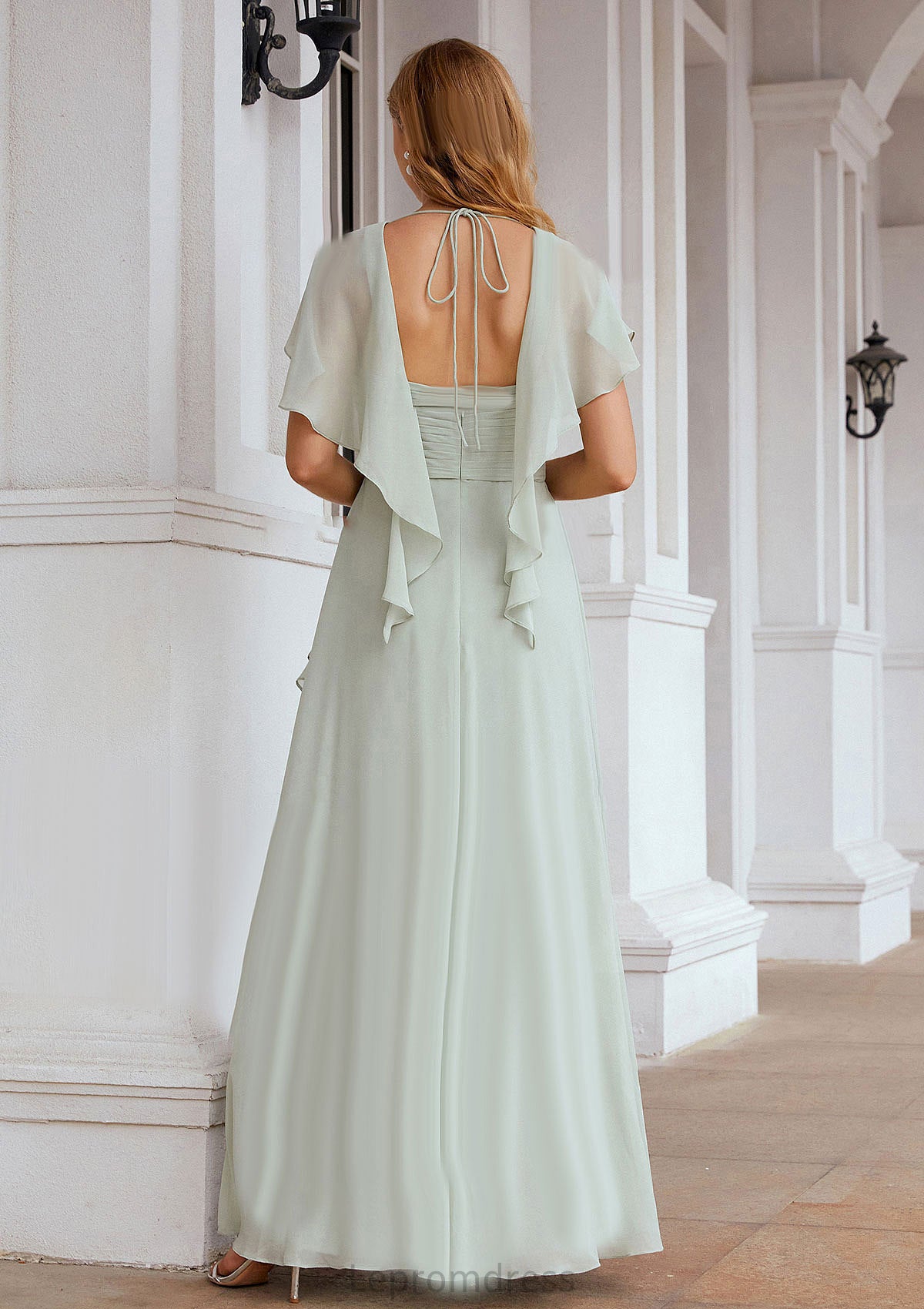 A-line V Neck Short Sleeve Chiffon Long/Floor-Length Bridesmaid Dresses With Pleated Ruffles Marcia HAP0025626