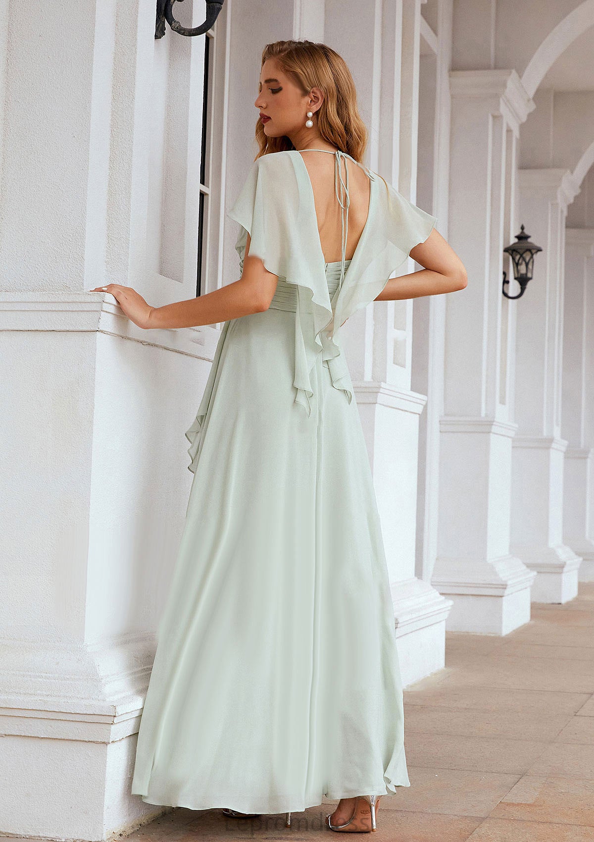 A-line V Neck Short Sleeve Chiffon Long/Floor-Length Bridesmaid Dresses With Pleated Ruffles Marcia HAP0025626