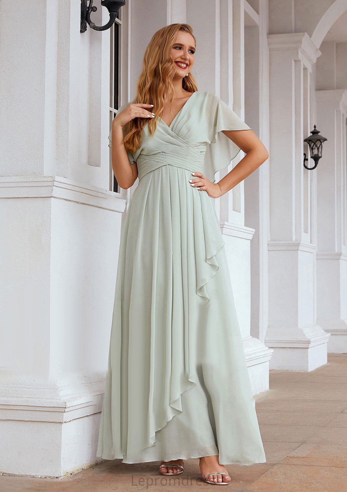 A-line V Neck Short Sleeve Chiffon Long/Floor-Length Bridesmaid Dresses With Pleated Ruffles Marcia HAP0025626