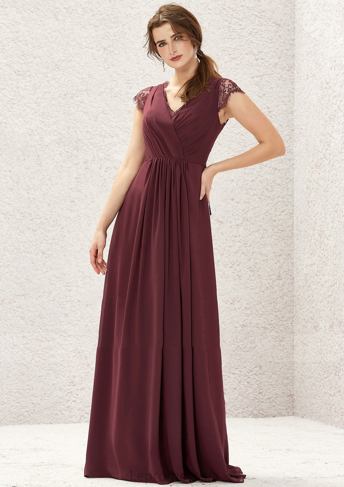 A-line V Neck Sleeveless Chiffon Long/Floor-Length Bridesmaid Dresses With Pleated Lace Chloe HAP0025627