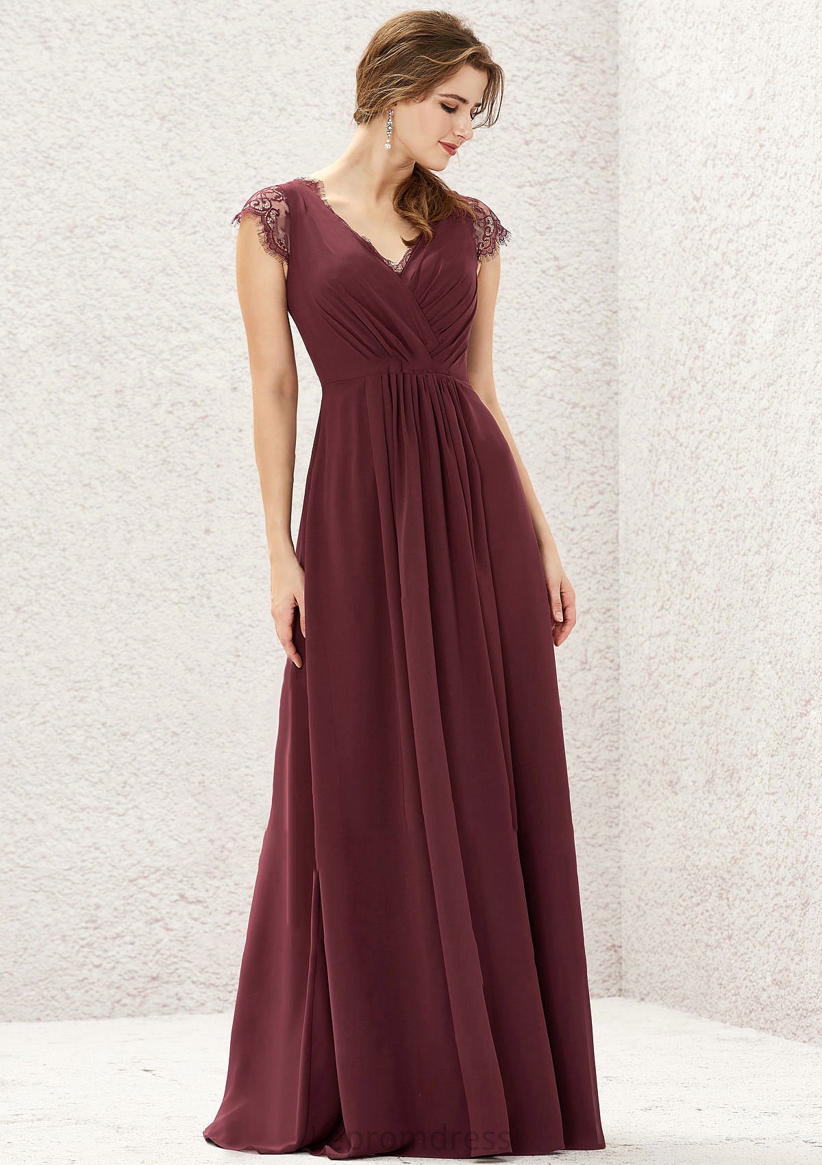 A-line V Neck Sleeveless Chiffon Long/Floor-Length Bridesmaid Dresses With Pleated Lace Chloe HAP0025627