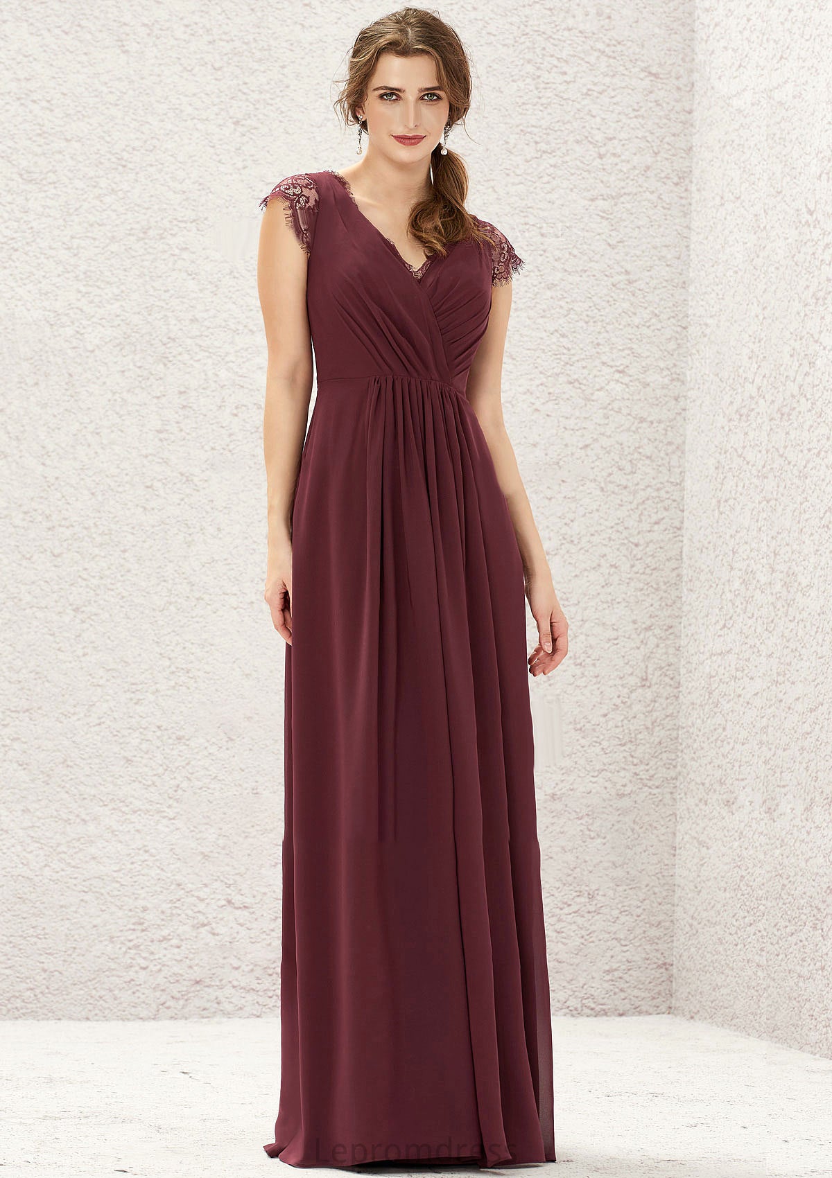 A-line V Neck Sleeveless Chiffon Long/Floor-Length Bridesmaid Dresses With Pleated Lace Chloe HAP0025627