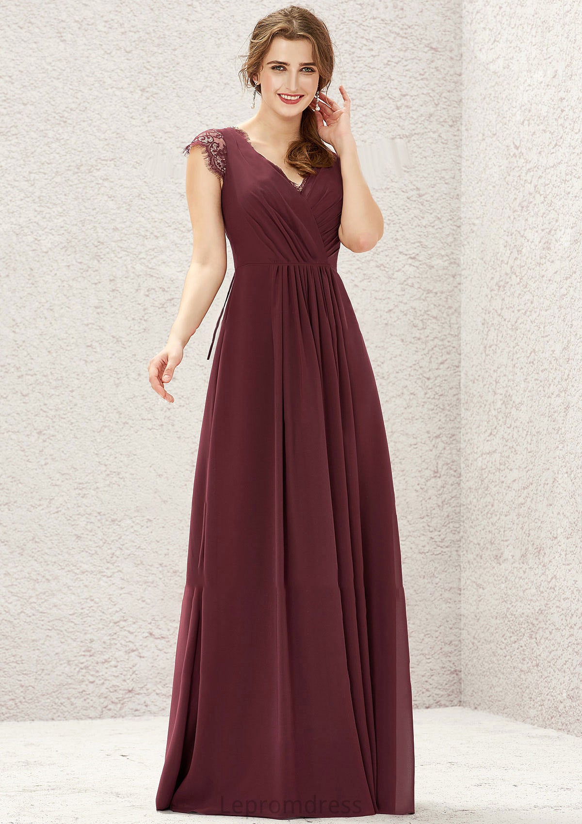 A-line V Neck Sleeveless Chiffon Long/Floor-Length Bridesmaid Dresses With Pleated Lace Chloe HAP0025627