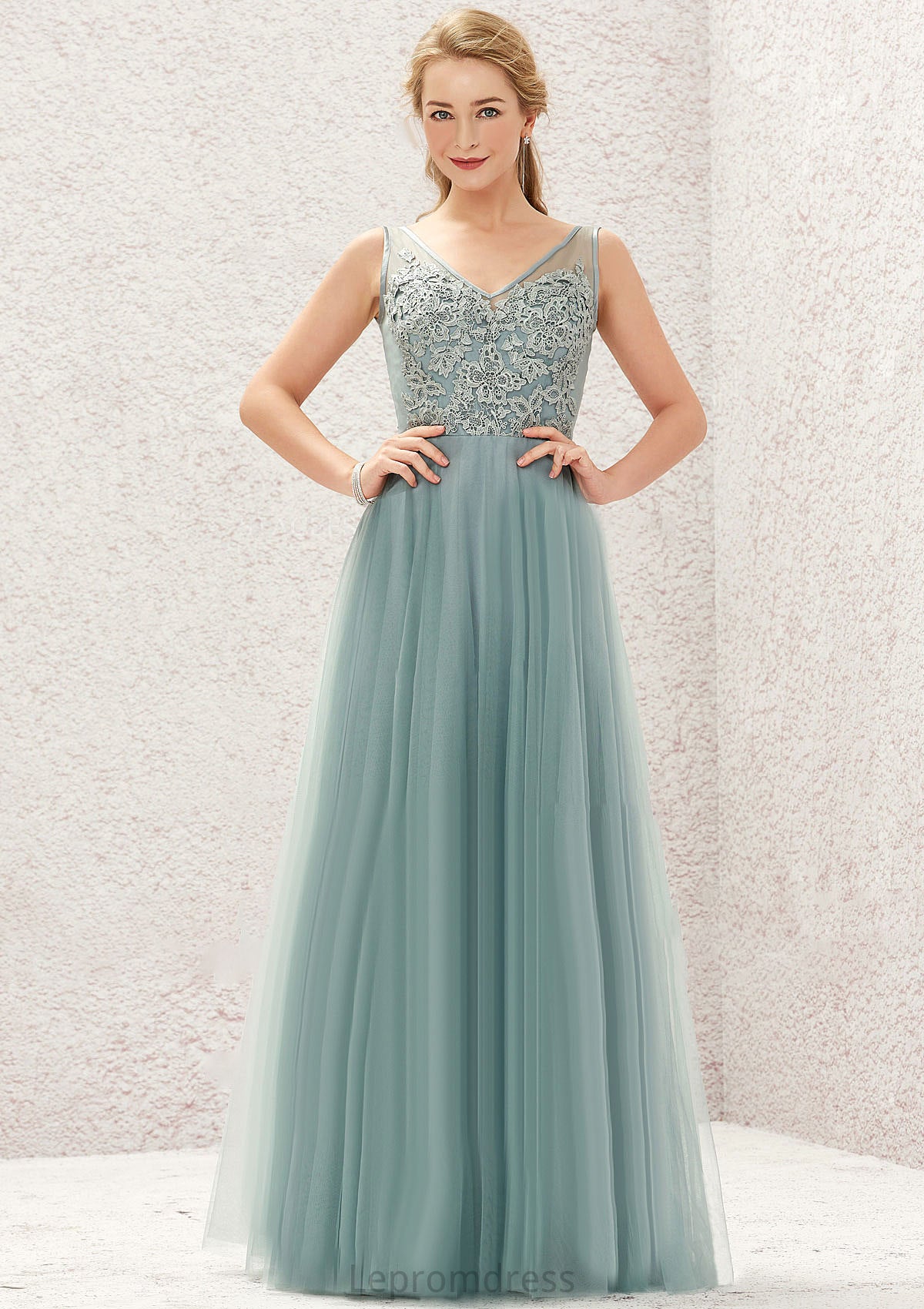 A-line V Neck Sleeveless Tulle Long/Floor-Length Bridesmaid Dresses With Lace Francesca HAP0025628