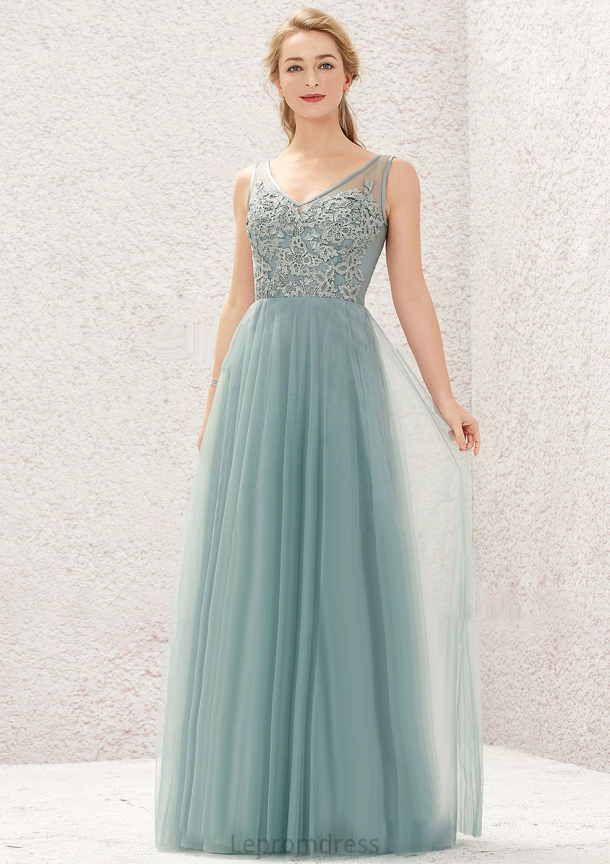 A-line V Neck Sleeveless Tulle Long/Floor-Length Bridesmaid Dresses With Lace Francesca HAP0025628