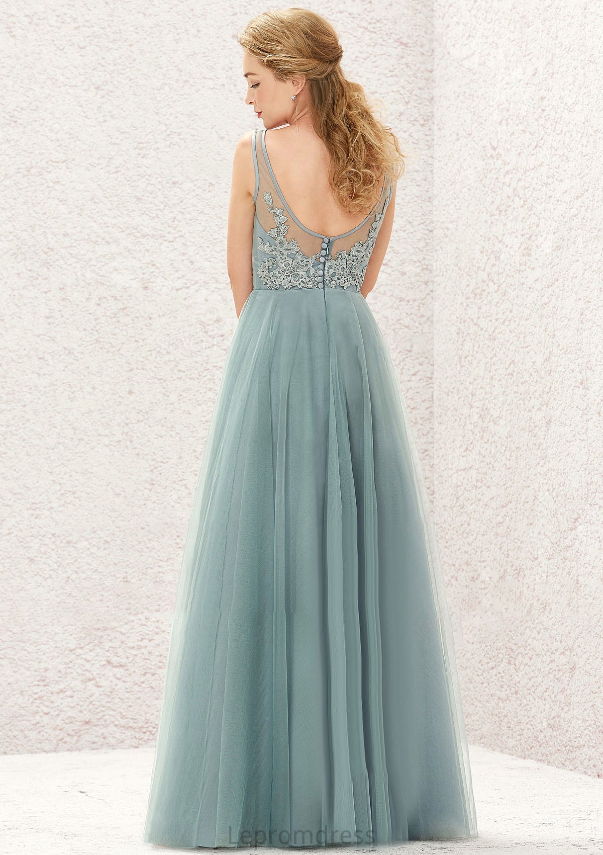 A-line V Neck Sleeveless Tulle Long/Floor-Length Bridesmaid Dresses With Lace Francesca HAP0025628