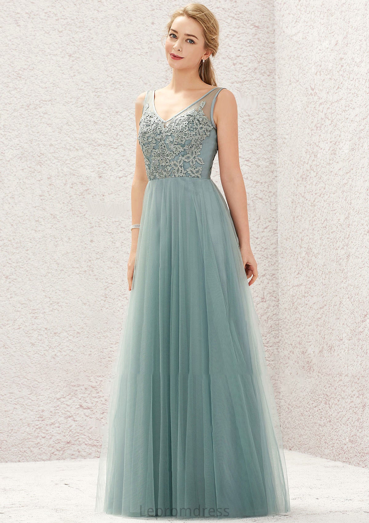 A-line V Neck Sleeveless Tulle Long/Floor-Length Bridesmaid Dresses With Lace Francesca HAP0025628