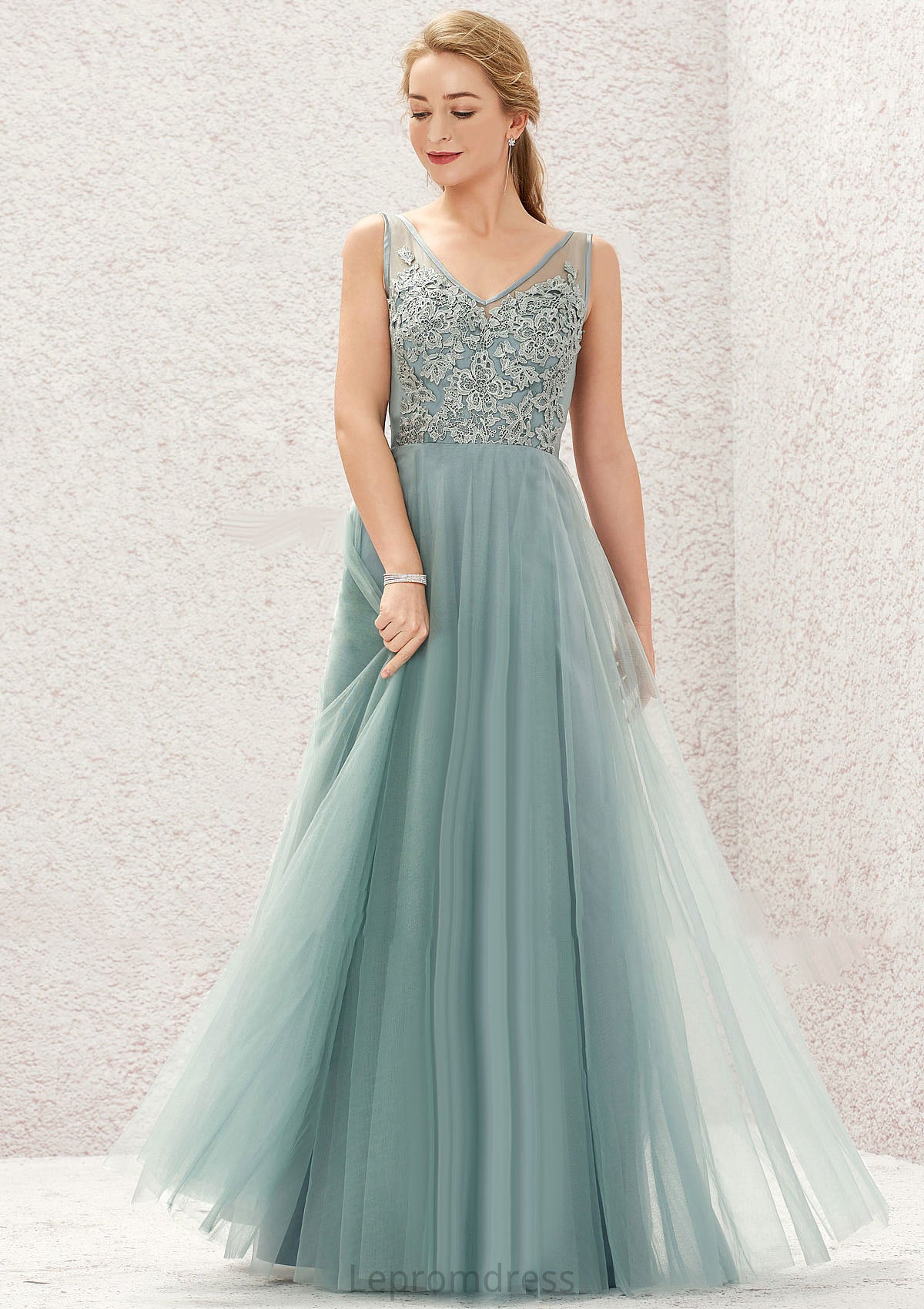 A-line V Neck Sleeveless Tulle Long/Floor-Length Bridesmaid Dresses With Lace Francesca HAP0025628