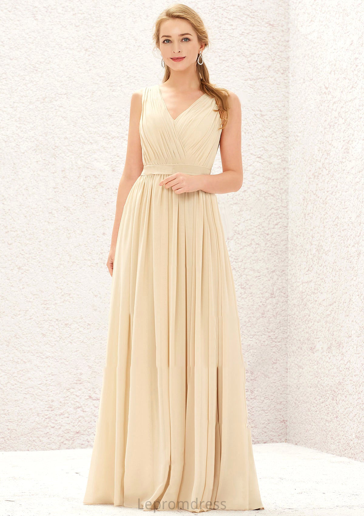 A-line V Neck Sleeveless Chiffon Long/Floor-Length Bridesmaid Dresses With Appliqued Sashes Pleated Aryana HAP0025630