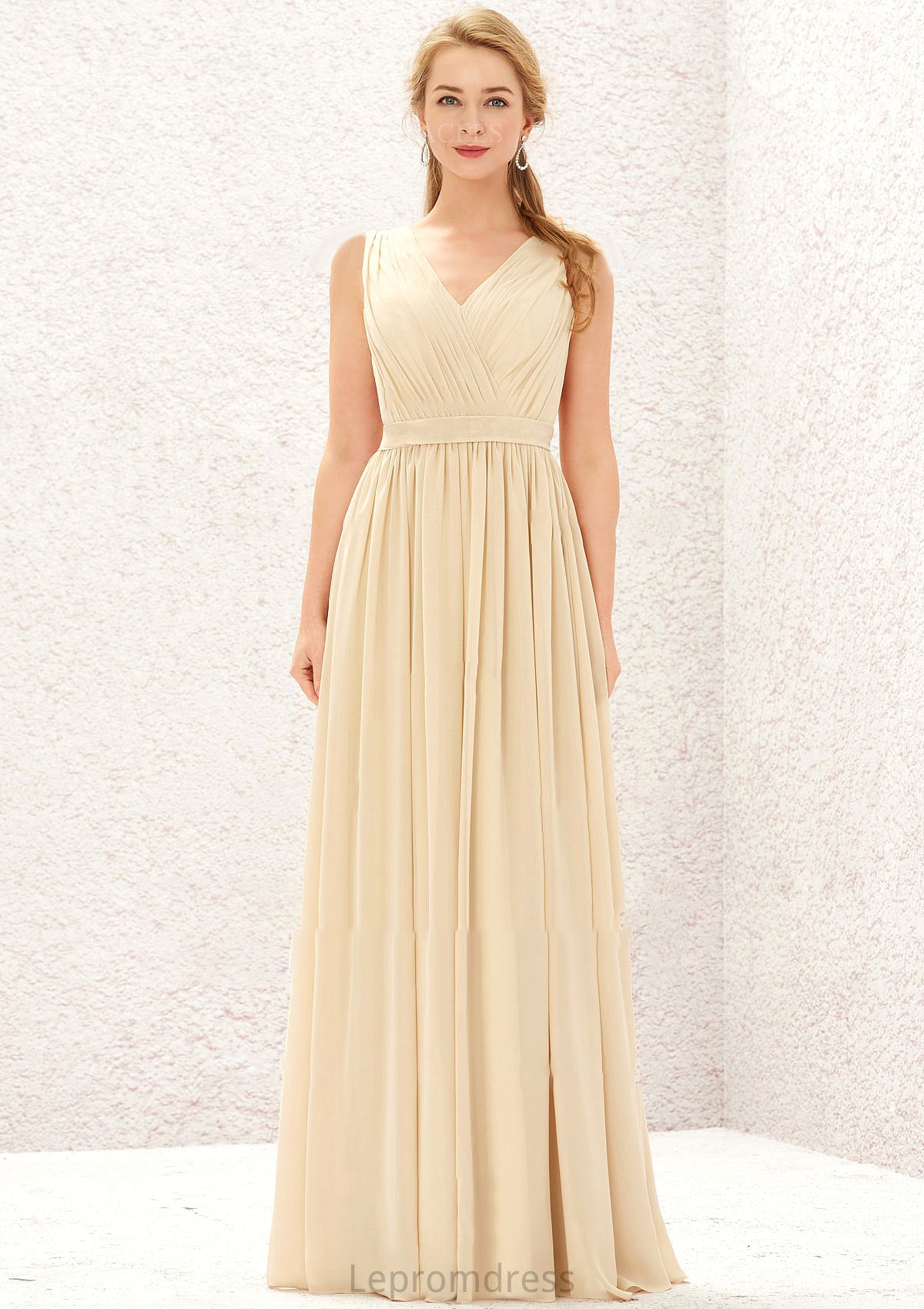 A-line V Neck Sleeveless Chiffon Long/Floor-Length Bridesmaid Dresses With Appliqued Sashes Pleated Aryana HAP0025630