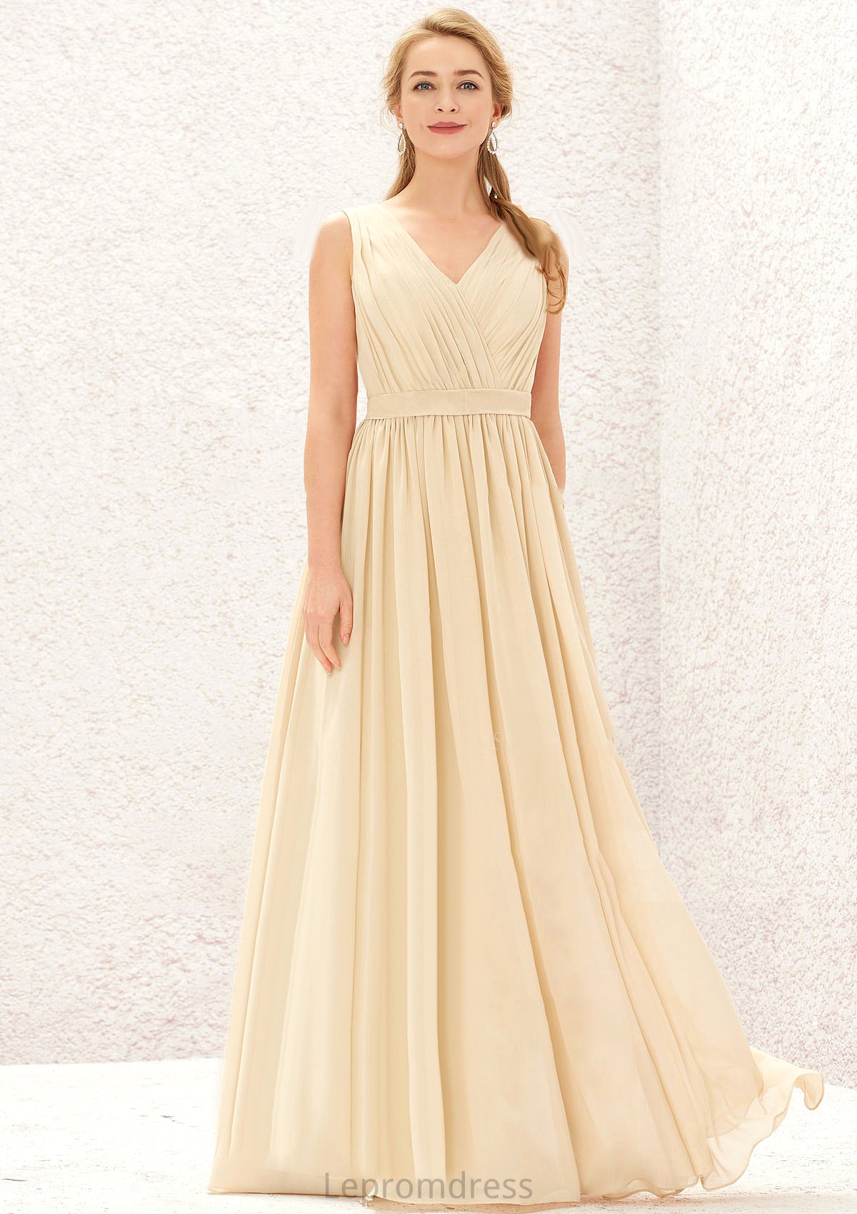 A-line V Neck Sleeveless Chiffon Long/Floor-Length Bridesmaid Dresses With Appliqued Sashes Pleated Aryana HAP0025630