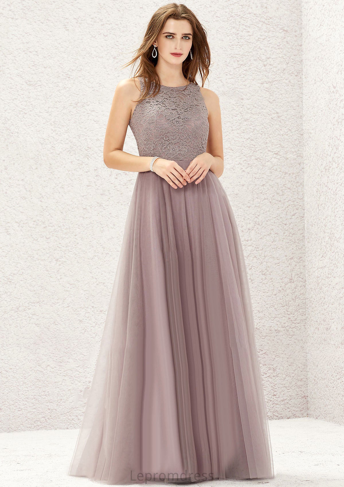 A-line Scoop Neck Sleeveless Lace Tulle Long/Floor-Length Bridesmaid Dresses Valentina HAP0025631