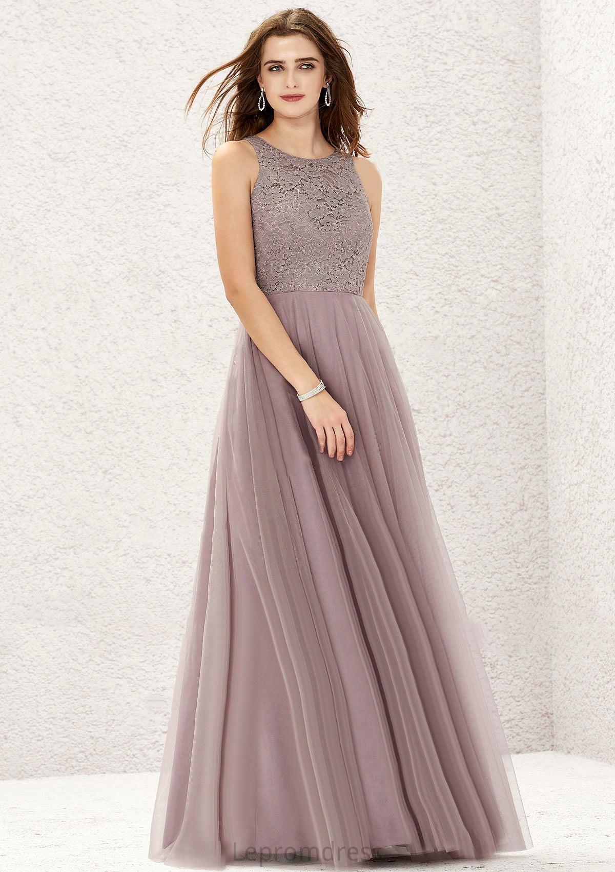 A-line Scoop Neck Sleeveless Lace Tulle Long/Floor-Length Bridesmaid Dresses Valentina HAP0025631