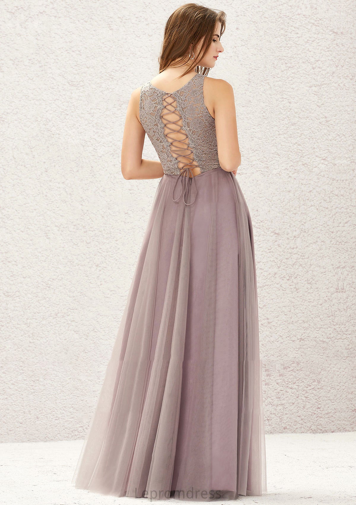 A-line Scoop Neck Sleeveless Lace Tulle Long/Floor-Length Bridesmaid Dresses Valentina HAP0025631