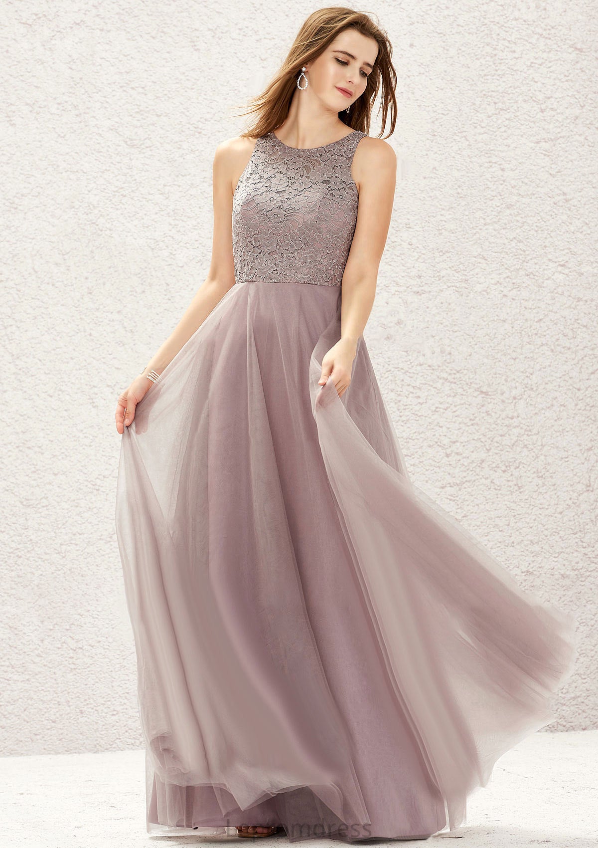 A-line Scoop Neck Sleeveless Lace Tulle Long/Floor-Length Bridesmaid Dresses Valentina HAP0025631