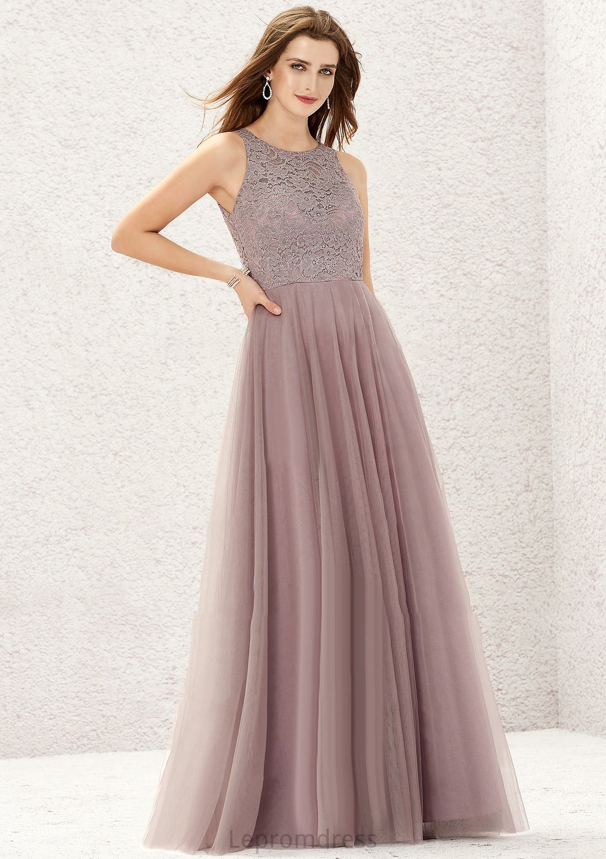 A-line Scoop Neck Sleeveless Lace Tulle Long/Floor-Length Bridesmaid Dresses Valentina HAP0025631