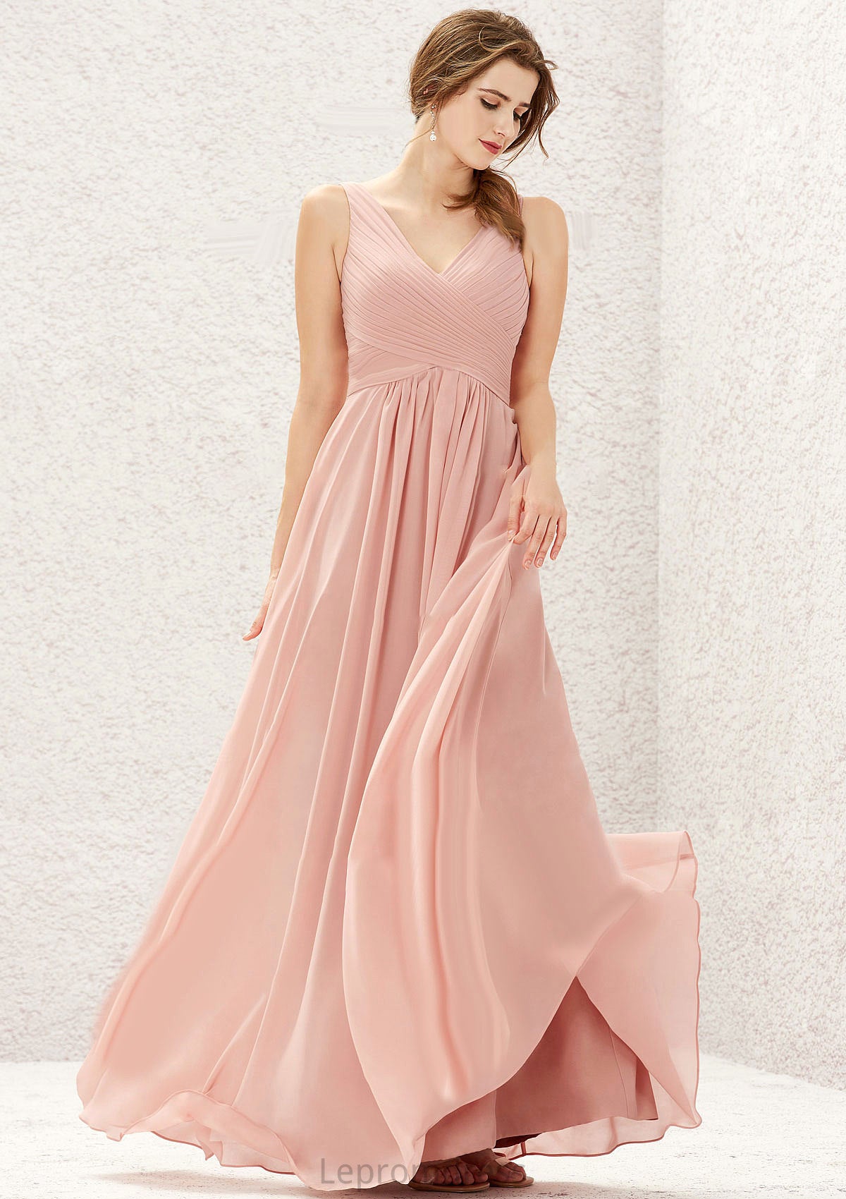 A-line V Neck Sleeveless Chiffon Long/Floor-Length Bridesmaid Dresses With Pleated Tiffany HAP0025632