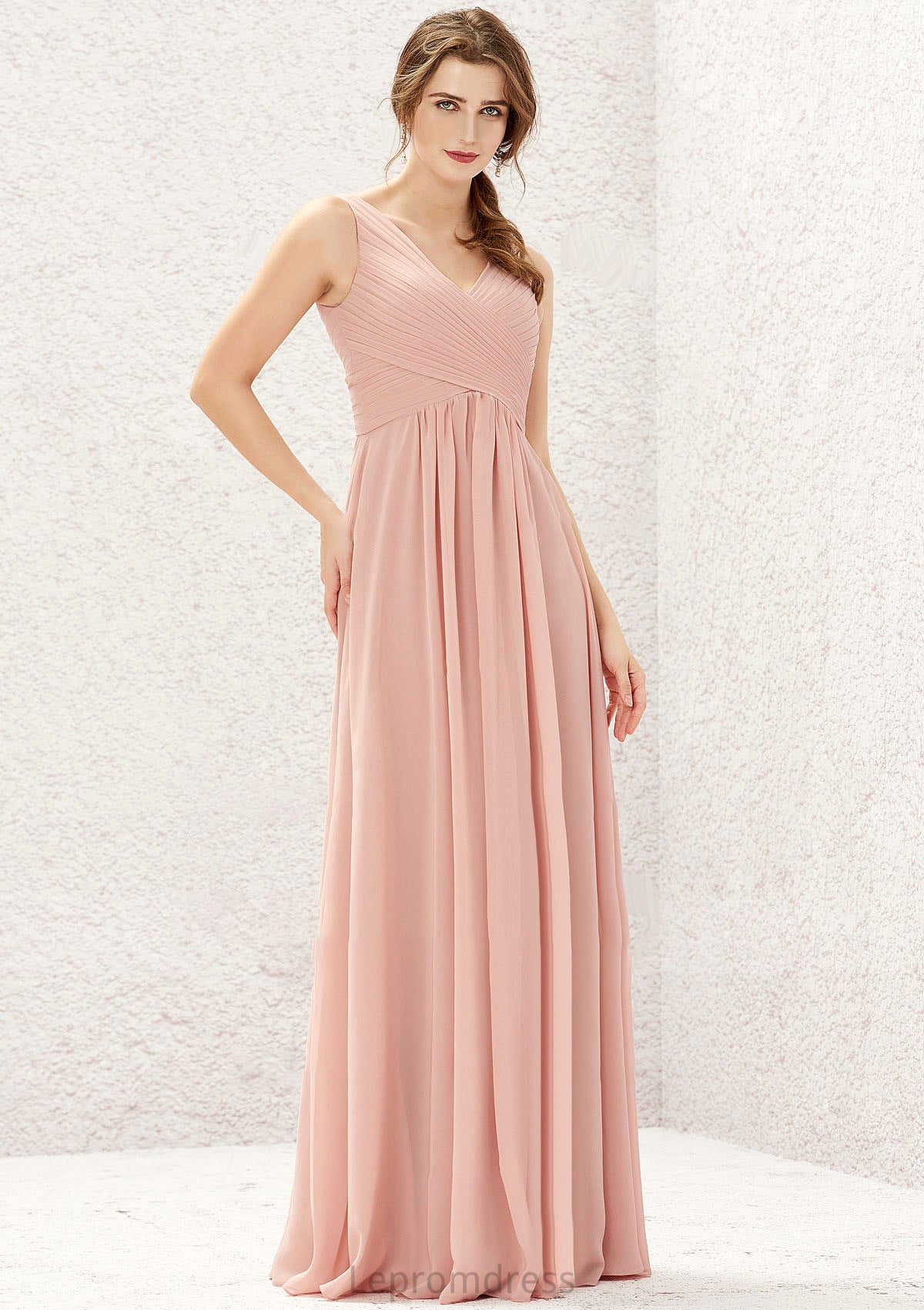 A-line V Neck Sleeveless Chiffon Long/Floor-Length Bridesmaid Dresses With Pleated Tiffany HAP0025632