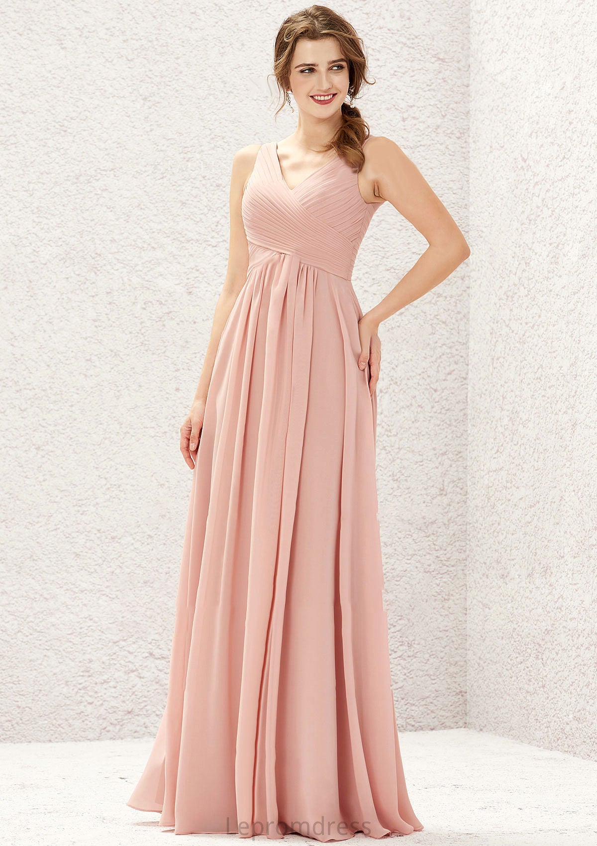 A-line V Neck Sleeveless Chiffon Long/Floor-Length Bridesmaid Dresses With Pleated Tiffany HAP0025632