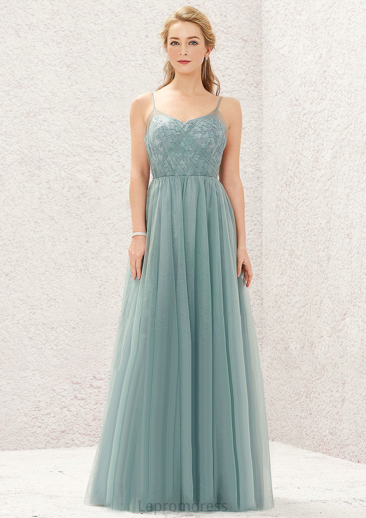 Princess A-line V Neck Sleeveless Tulle Long/Floor-Length Bridesmaid Dresses With Pleated Appliqued Emmalee HAP0025633