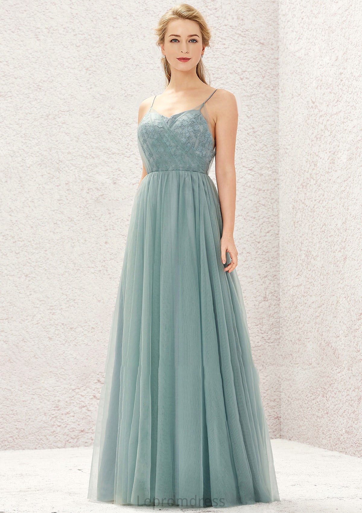 Princess A-line V Neck Sleeveless Tulle Long/Floor-Length Bridesmaid Dresses With Pleated Appliqued Emmalee HAP0025633