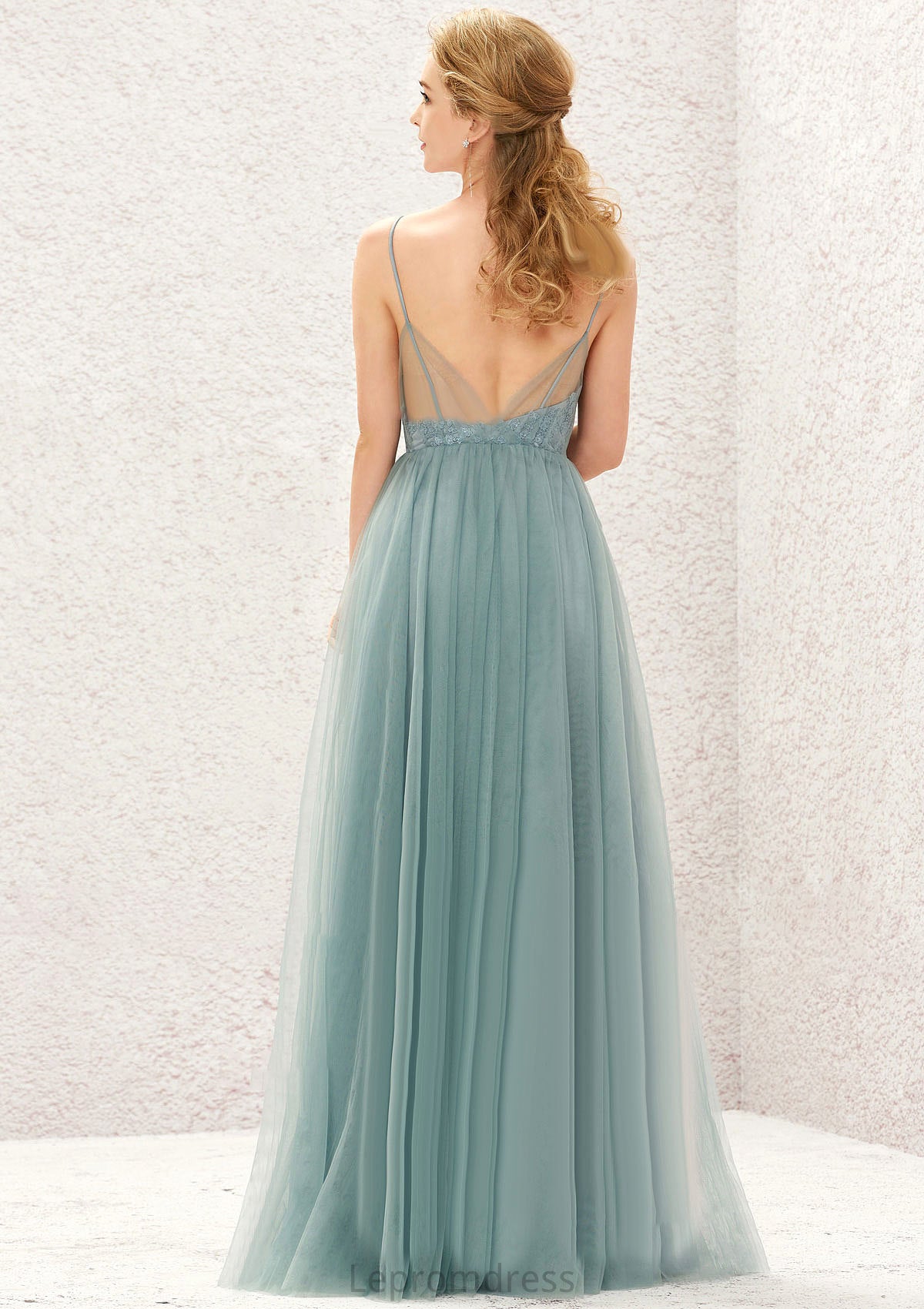 Princess A-line V Neck Sleeveless Tulle Long/Floor-Length Bridesmaid Dresses With Pleated Appliqued Emmalee HAP0025633