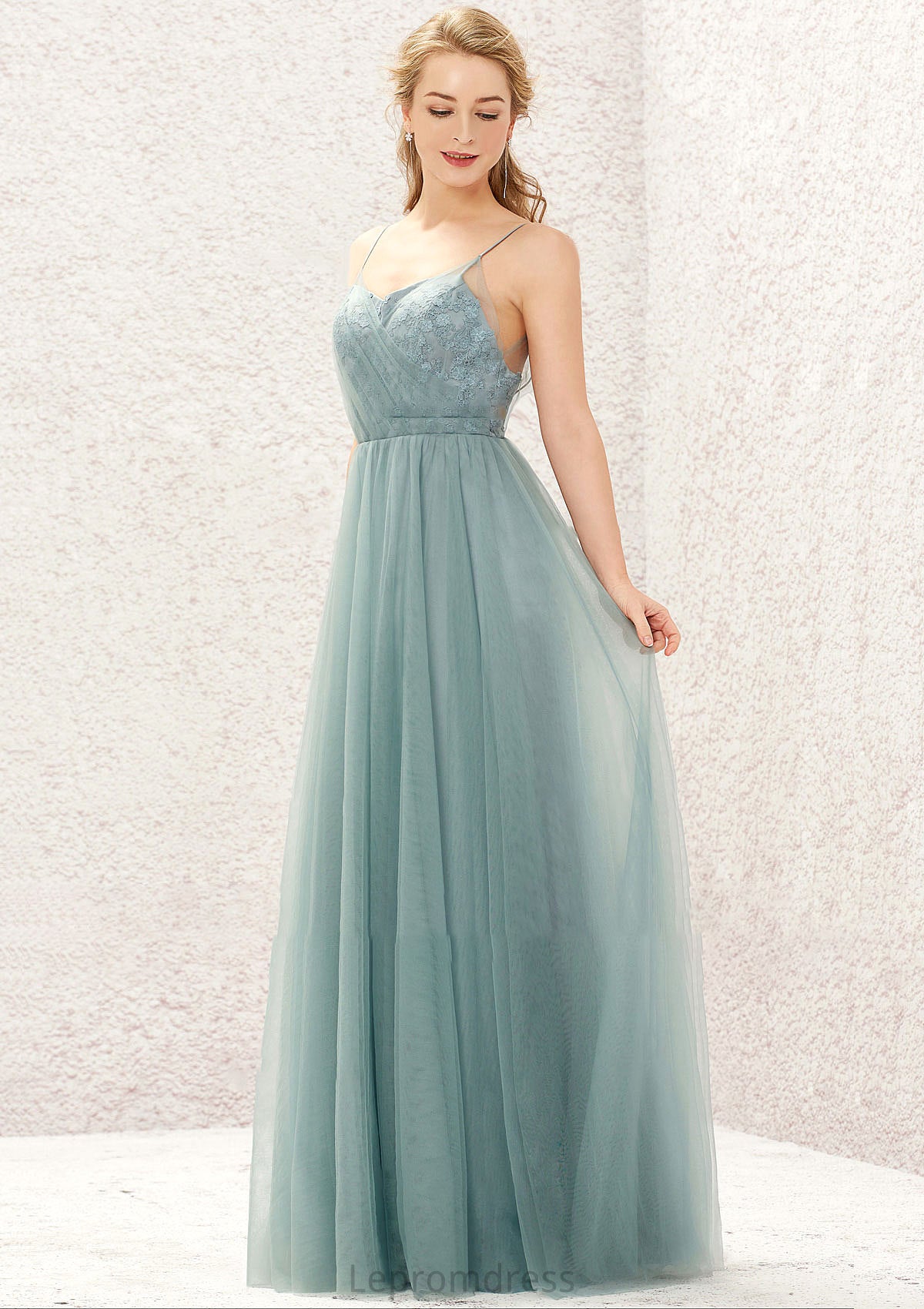 Princess A-line V Neck Sleeveless Tulle Long/Floor-Length Bridesmaid Dresses With Pleated Appliqued Emmalee HAP0025633