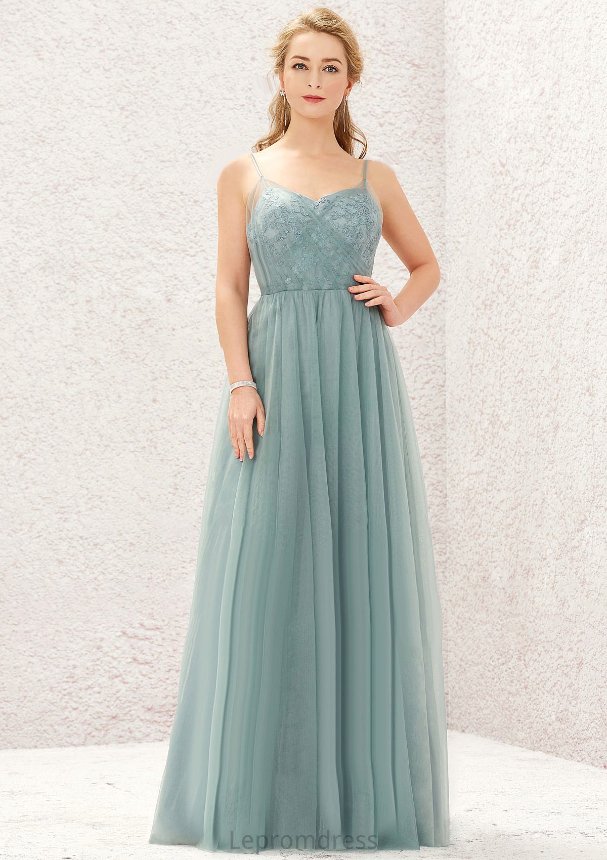 Princess A-line V Neck Sleeveless Tulle Long/Floor-Length Bridesmaid Dresses With Pleated Appliqued Emmalee HAP0025633