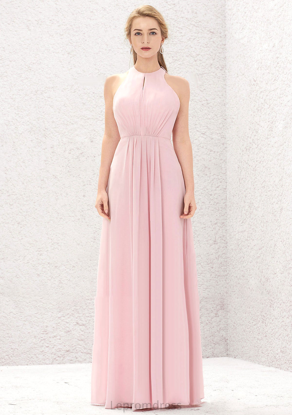 A-line Halter Sleeveless Chiffon Long/Floor-Length Bridesmaid Dresses With Pleated Daniela HAP0025634