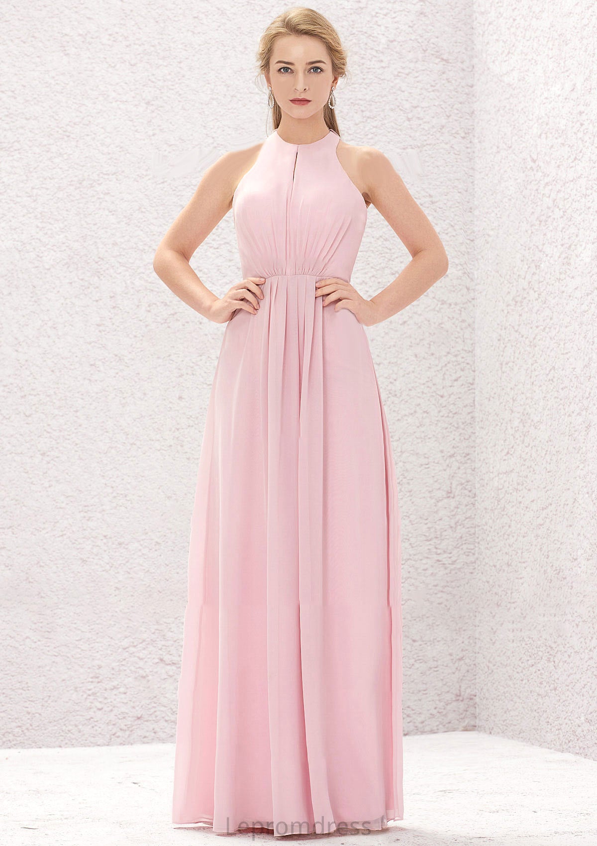 A-line Halter Sleeveless Chiffon Long/Floor-Length Bridesmaid Dresses With Pleated Daniela HAP0025634