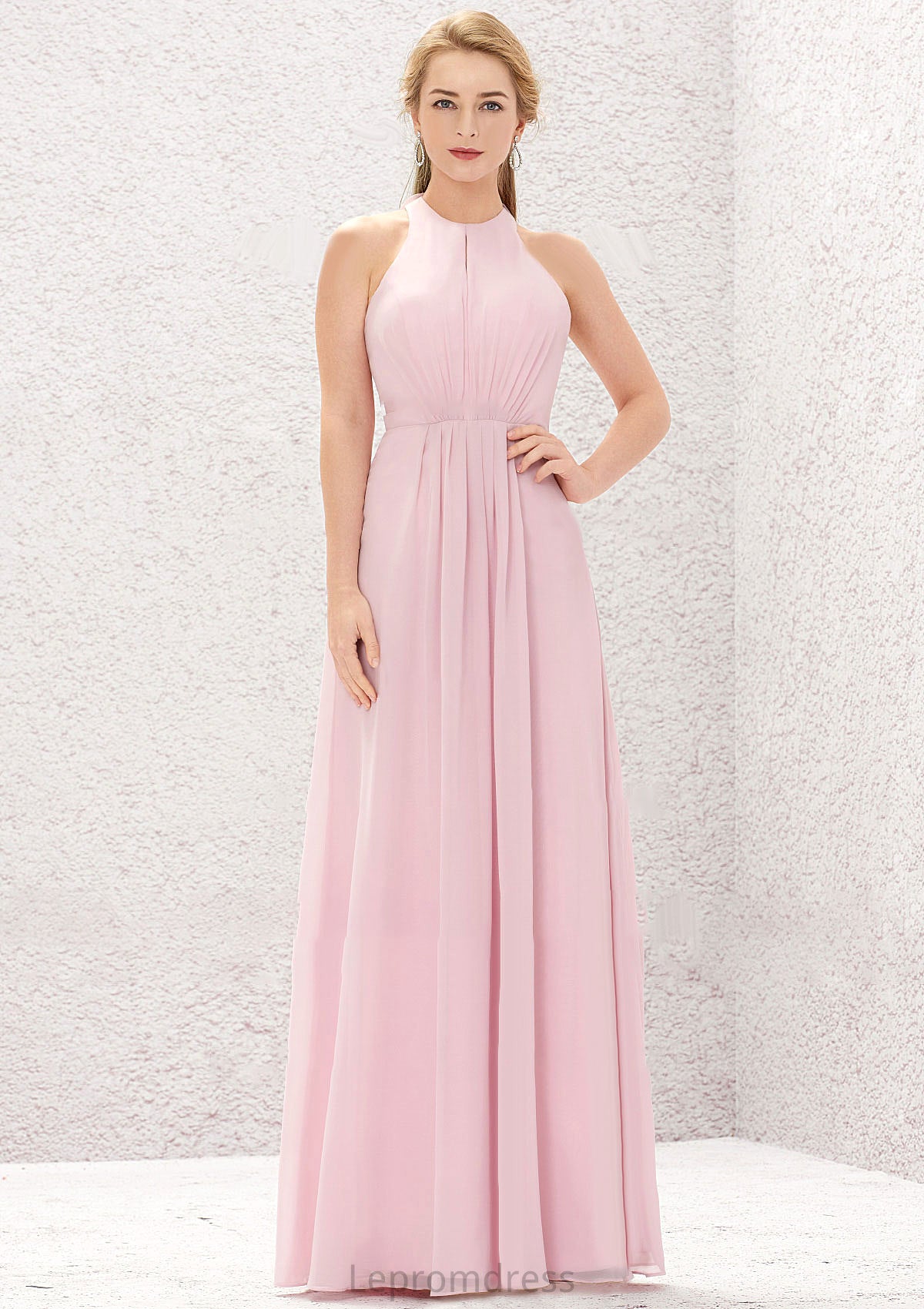 A-line Halter Sleeveless Chiffon Long/Floor-Length Bridesmaid Dresses With Pleated Daniela HAP0025634