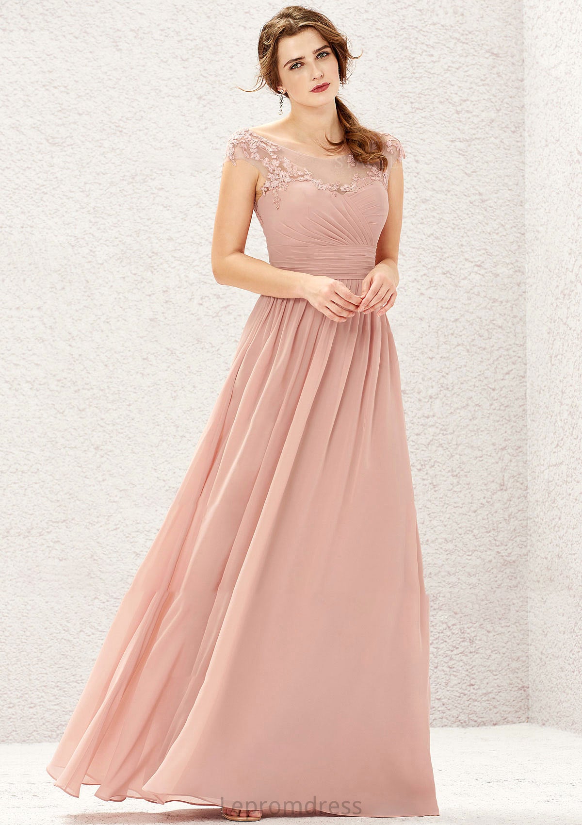 A-line Illusion Neck Sleeveless Chiffon Long/Floor-Length Bridesmaid Dresses With Appliqued Pleated Jordan HAP0025636