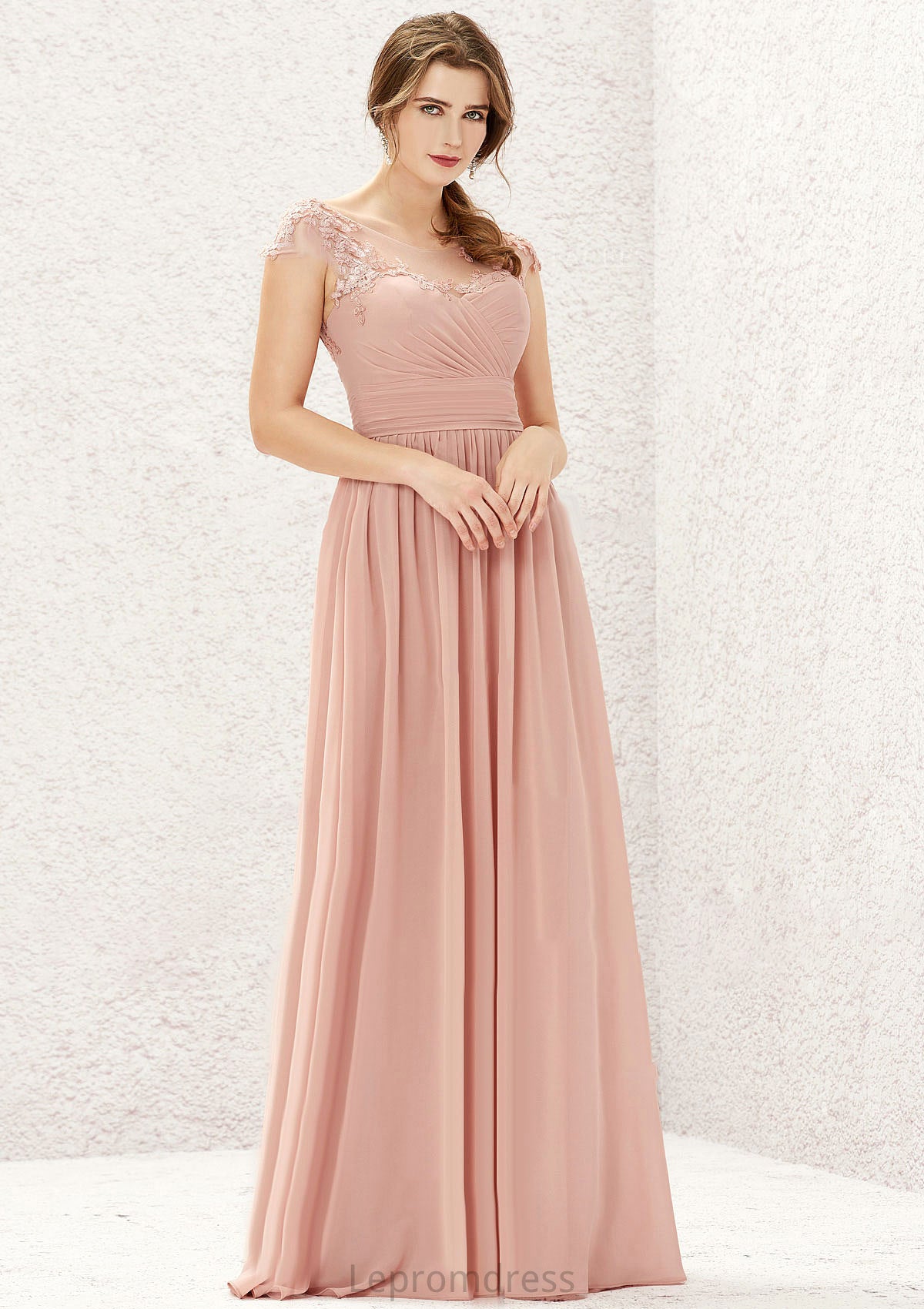 A-line Illusion Neck Sleeveless Chiffon Long/Floor-Length Bridesmaid Dresses With Appliqued Pleated Jordan HAP0025636