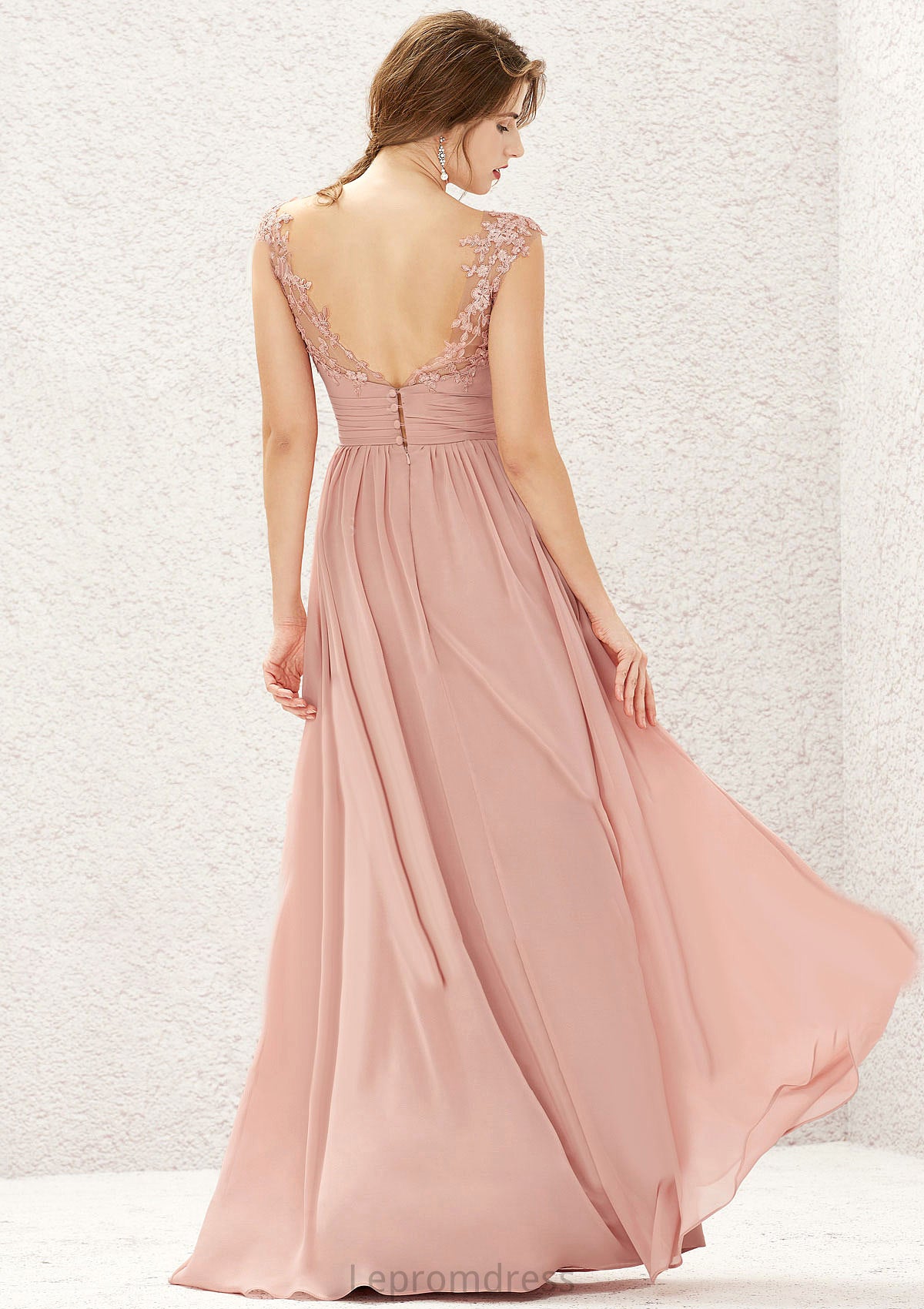 A-line Illusion Neck Sleeveless Chiffon Long/Floor-Length Bridesmaid Dresses With Appliqued Pleated Jordan HAP0025636