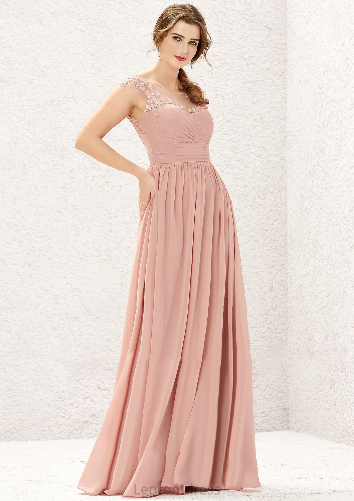 A-line Illusion Neck Sleeveless Chiffon Long/Floor-Length Bridesmaid Dresses With Appliqued Pleated Jordan HAP0025636