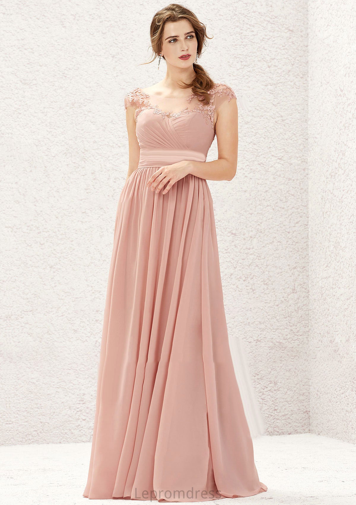 A-line Illusion Neck Sleeveless Chiffon Long/Floor-Length Bridesmaid Dresses With Appliqued Pleated Jordan HAP0025636