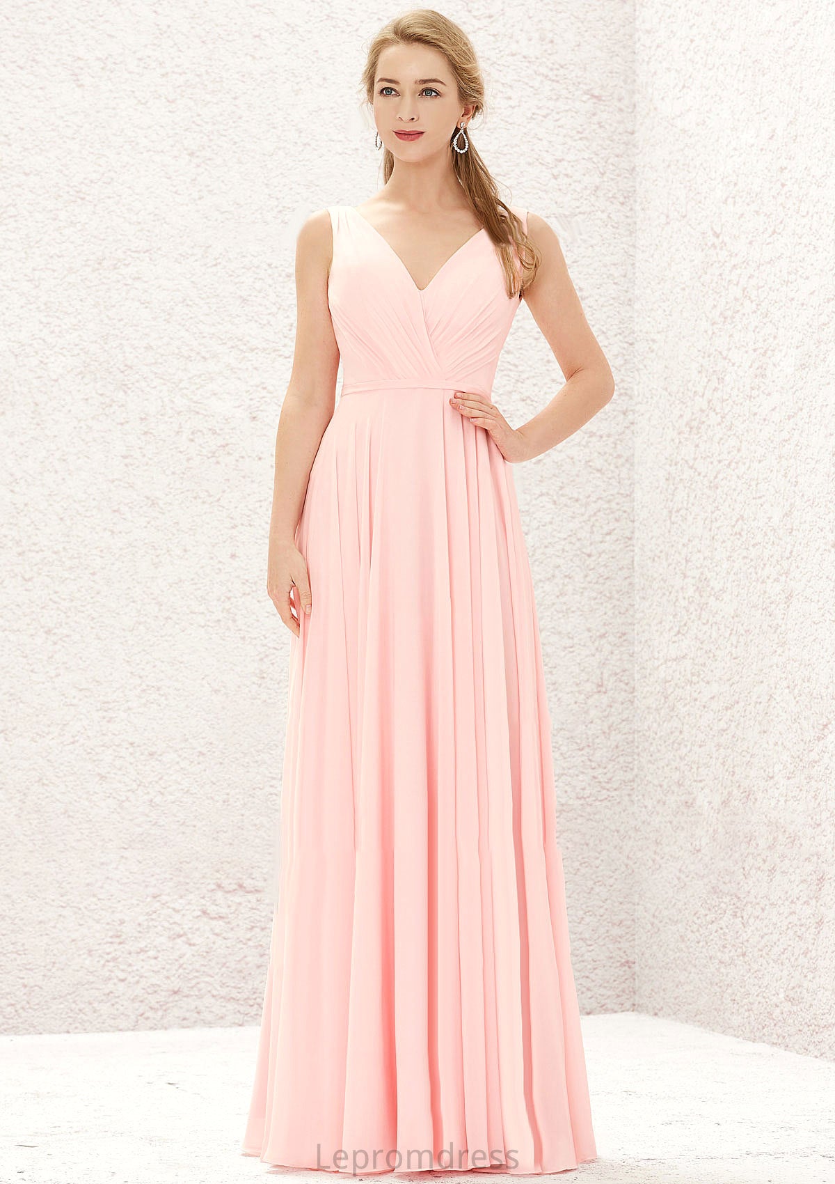 A-line V Neck Sleeveless Chiffon Long/Floor-Length Bridesmaid Dresses With Pleated Destiney HAP0025637