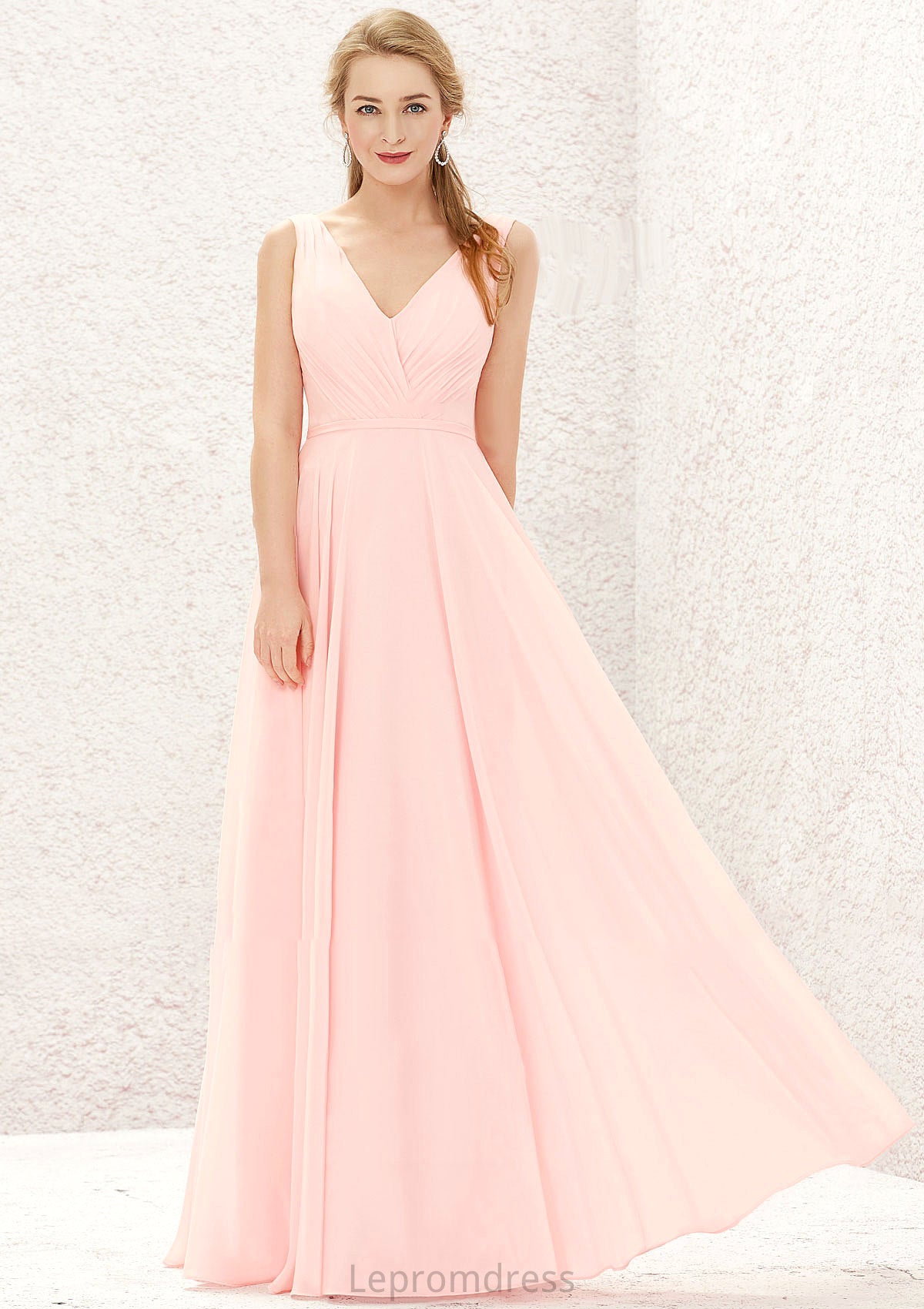 A-line V Neck Sleeveless Chiffon Long/Floor-Length Bridesmaid Dresses With Pleated Destiney HAP0025637