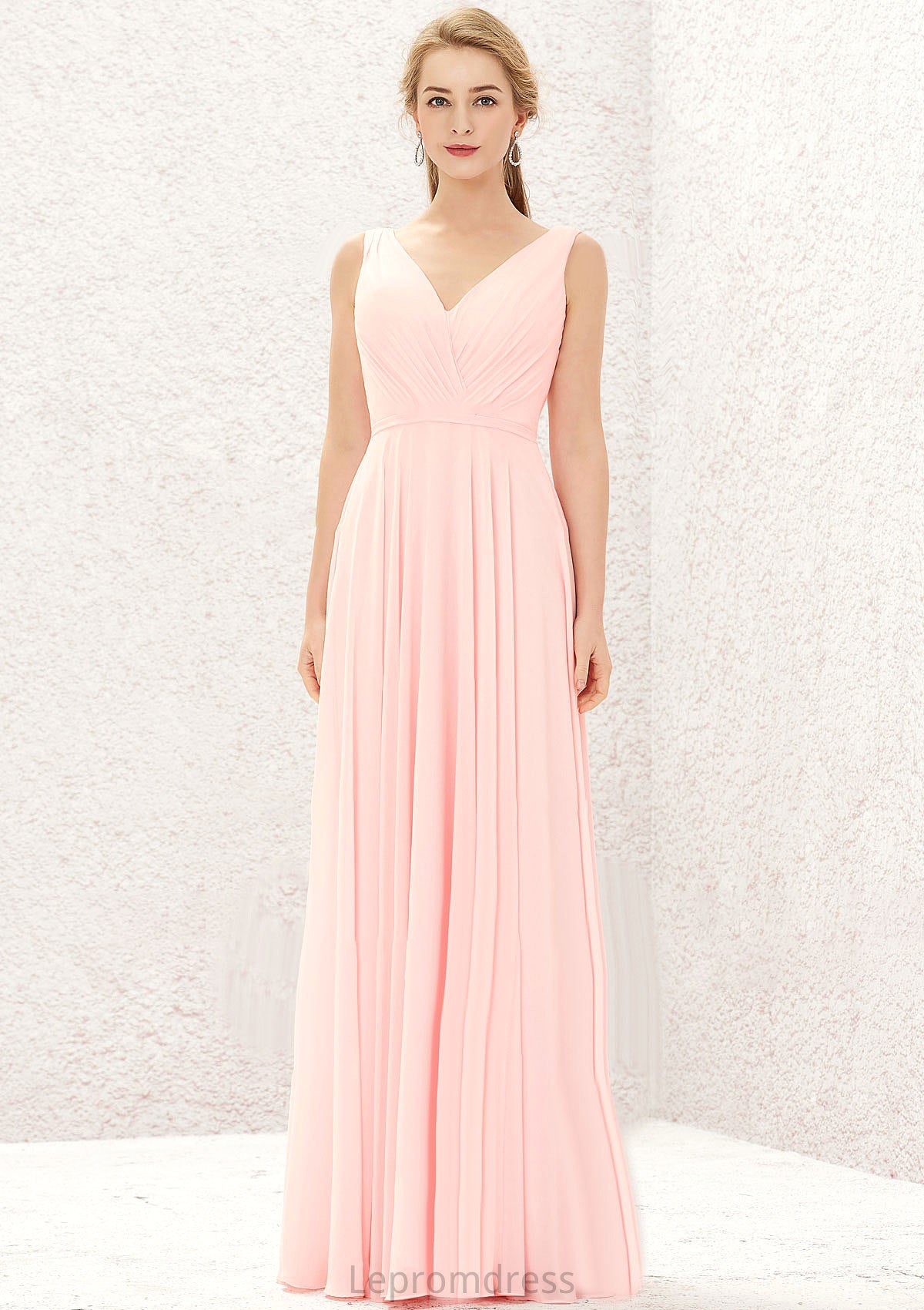 A-line V Neck Sleeveless Chiffon Long/Floor-Length Bridesmaid Dresses With Pleated Destiney HAP0025637