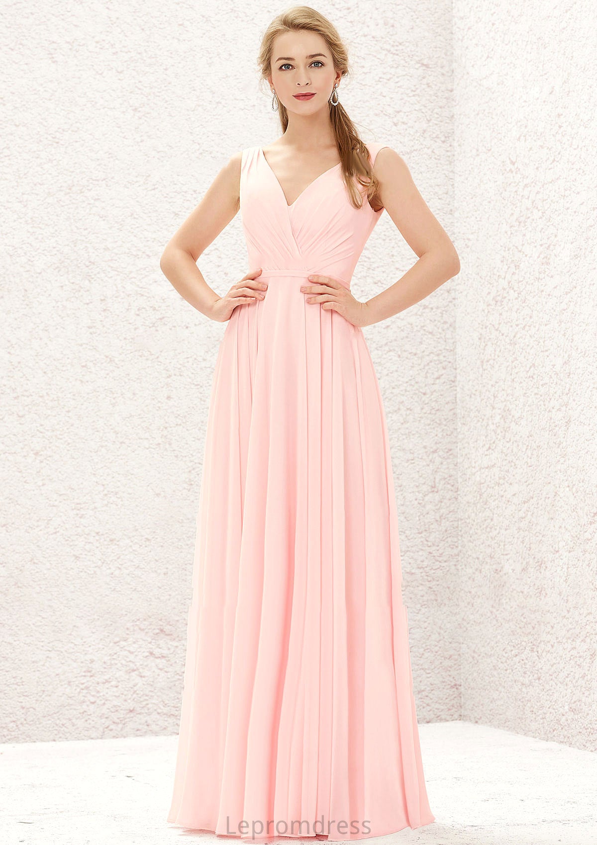 A-line V Neck Sleeveless Chiffon Long/Floor-Length Bridesmaid Dresses With Pleated Destiney HAP0025637