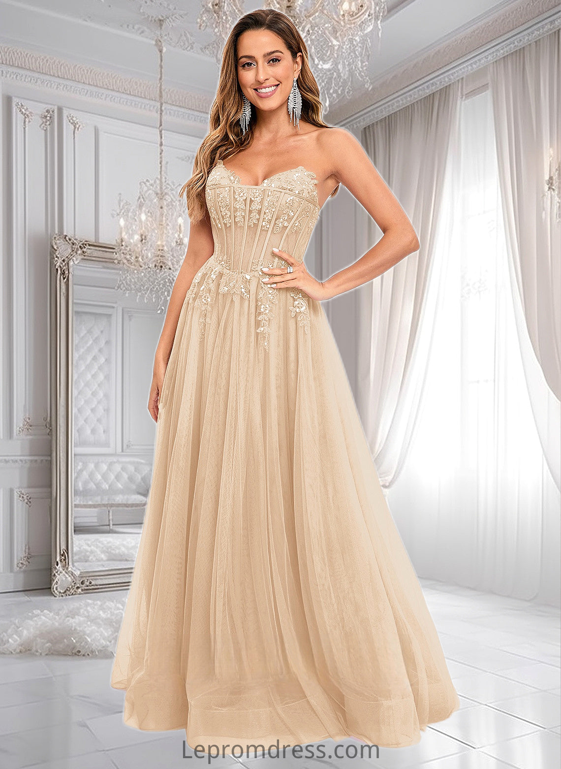 Delilah Ball-Gown/Princess V-Neck Floor-Length Tulle Prom Dresses With Sequins Appliques Lace HAP0025837