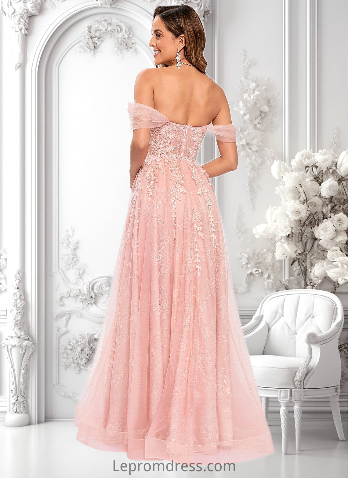 Mila A-line Sweetheart Off the Shoulder Floor-Length Tulle Floral Lace Prom Dresses With Appliques Lace HAP0025870