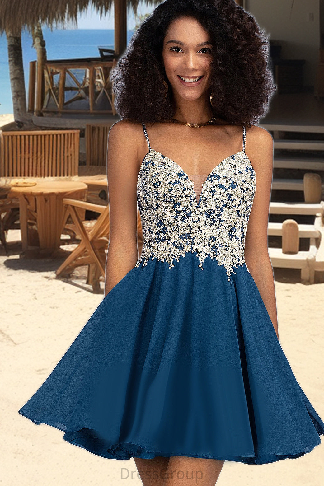 Daisy A-line V-Neck Short/Mini Chiffon Lace Homecoming Dress With Beading HAP0020572