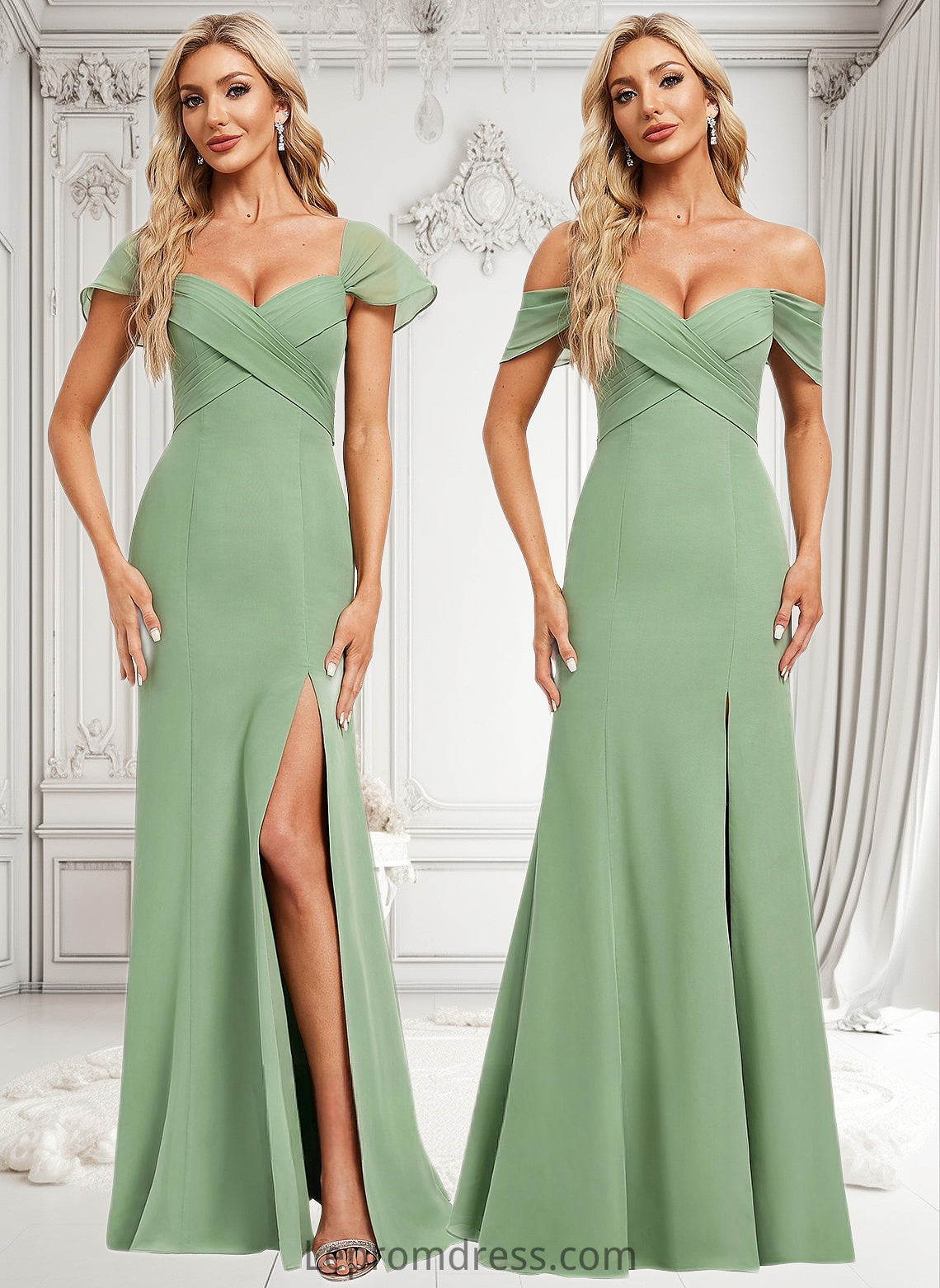 Andrea Trumpet/Mermaid Off the Shoulder V-Neck Floor-Length Chiffon Bridesmaid Dress HAP0025810