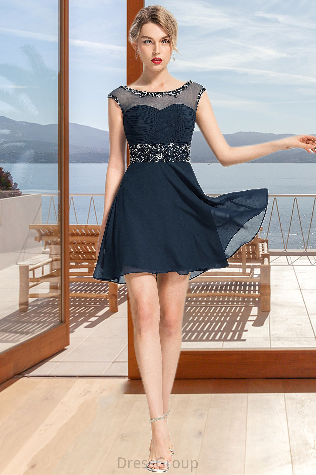 Lydia A-line Scoop Short/Mini Chiffon Homecoming Dress With Beading Sequins HAP0020586