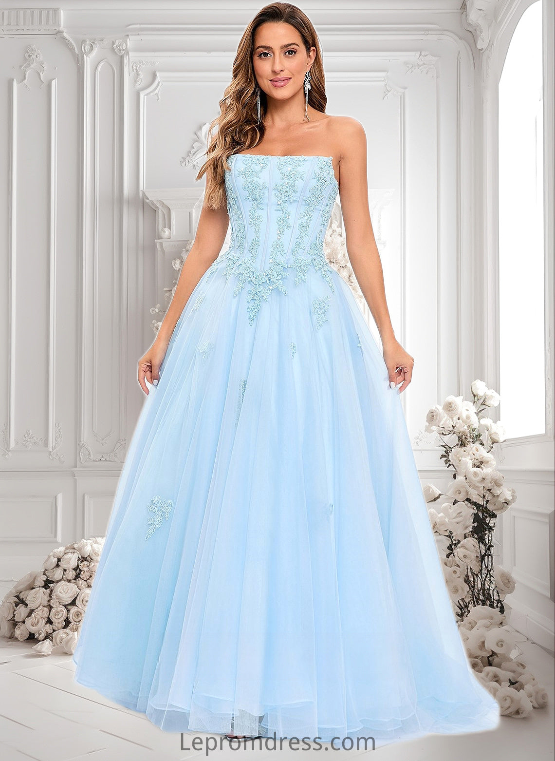 Destiney Ball-Gown/Princess Straight Sweep Train Tulle Prom Dresses With Sequins Appliques Lace HAP0025864